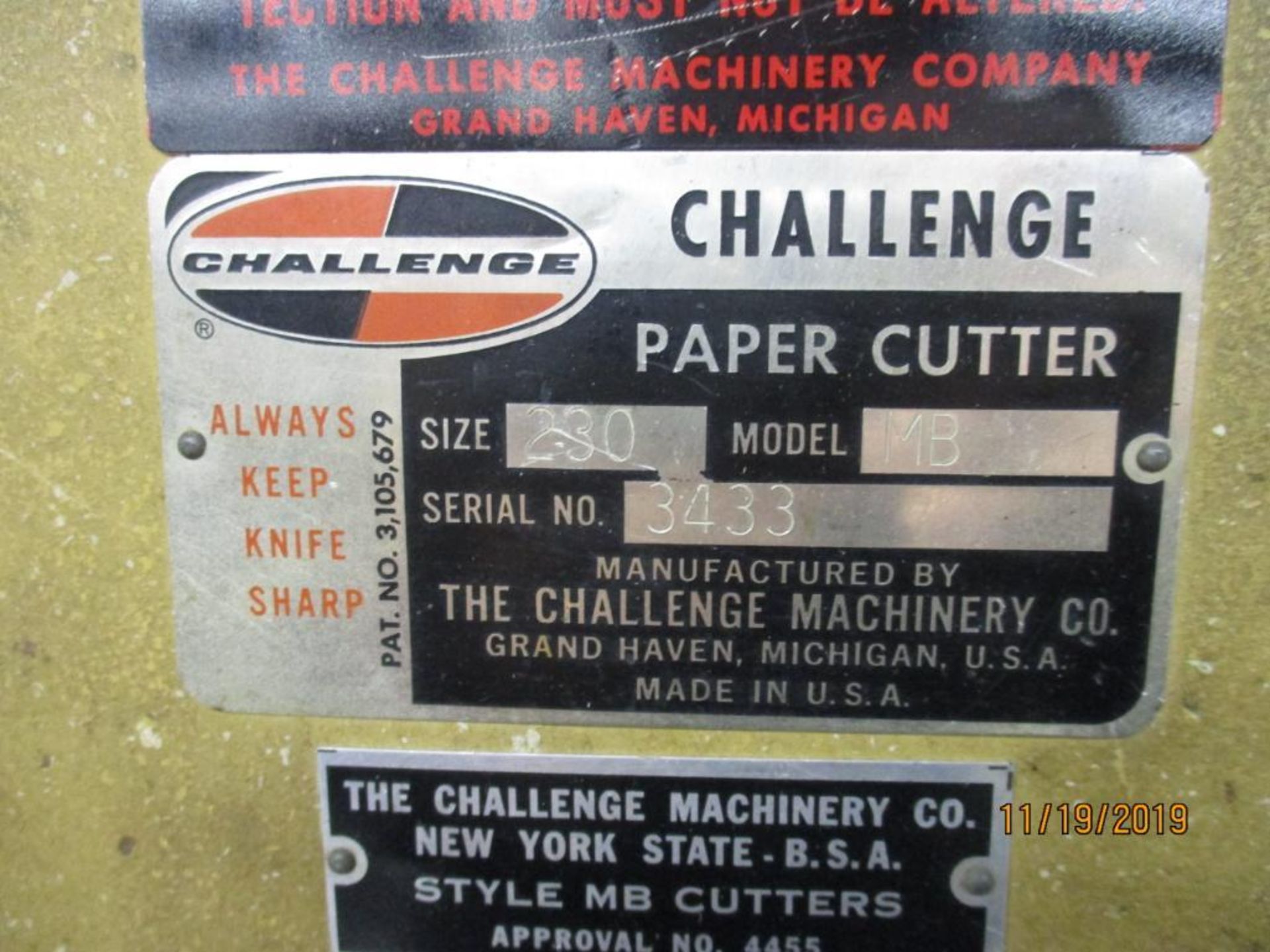 Challenge Paper Cutter Size 230 23" Max Cut Width M/N MB S/N 3433 - Image 6 of 6