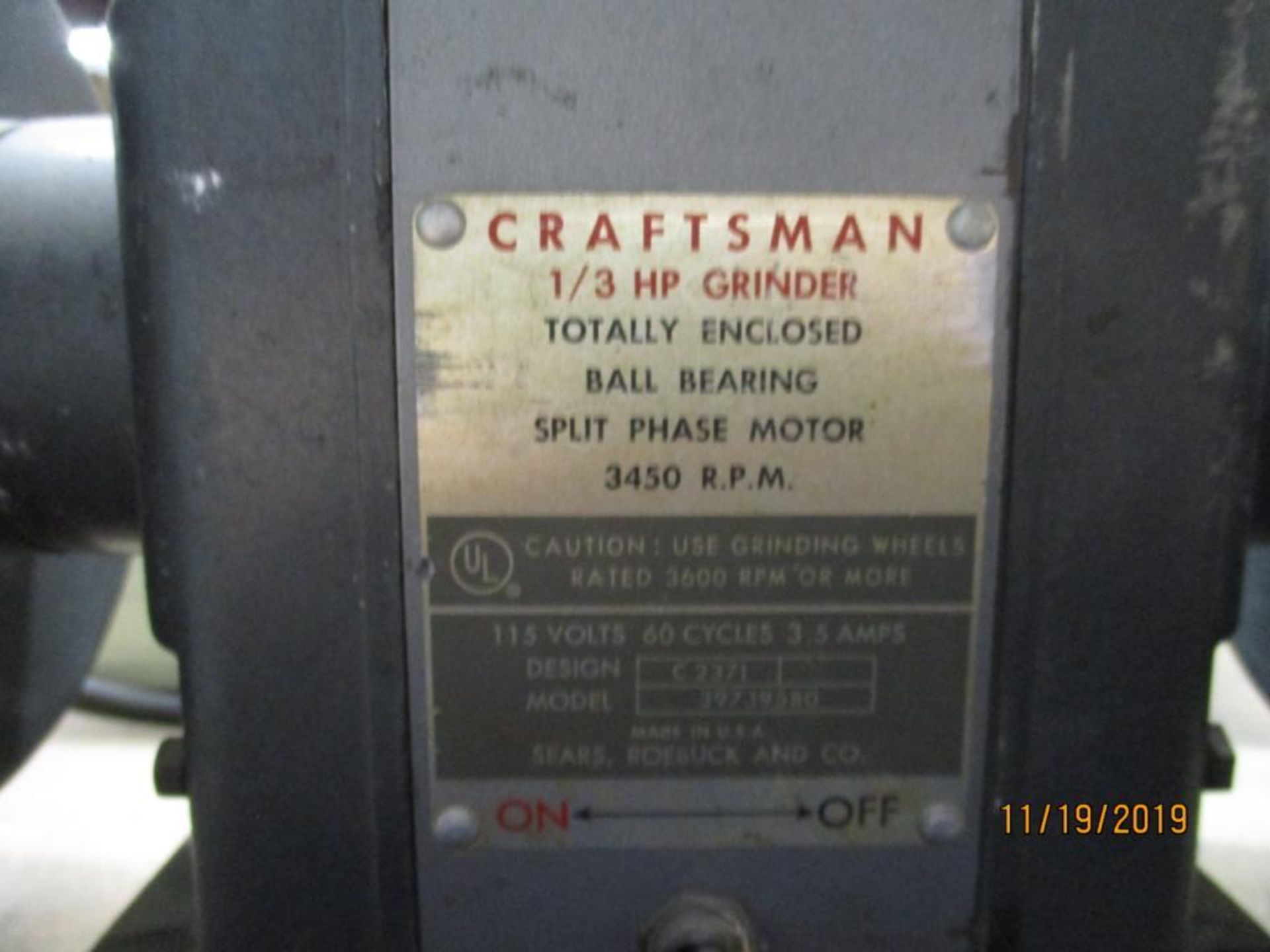 Craftsman Bench Grinder 1/3hp 6" Wheels M/N 397-19580 - Image 2 of 2