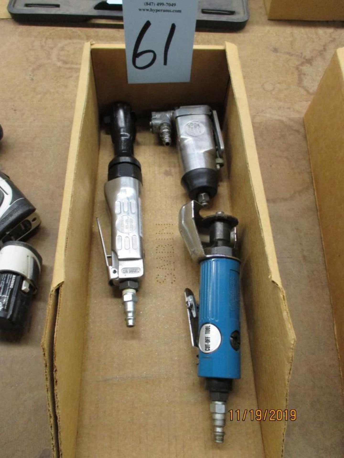 Three Pneumatic Tools, One 3/8" Drive Impact Wrench, One 3/8" Drive Ratchet Wrench, One 3" Cut Off T