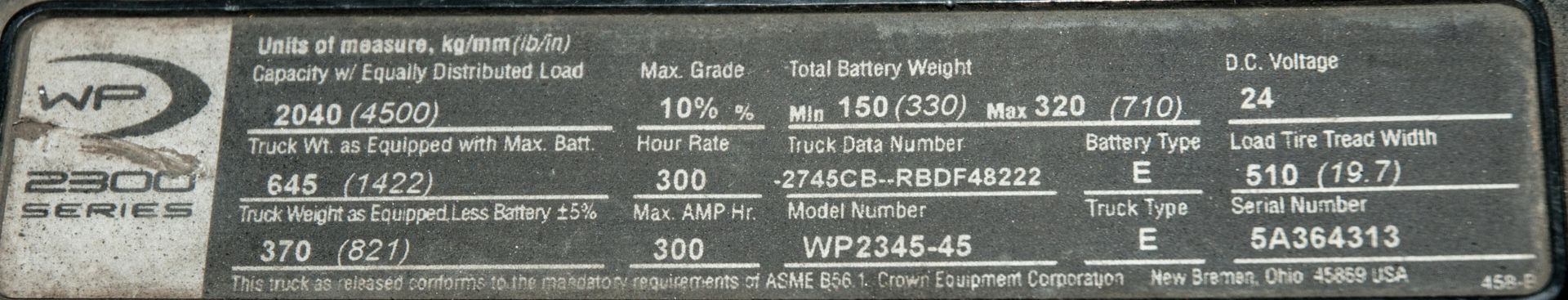 Crown 24v Walk Behind Pallet Jack Mdl WP2345-45, s/n 5A364313, 45" Forks, 2272.4 hrs - Image 12 of 12