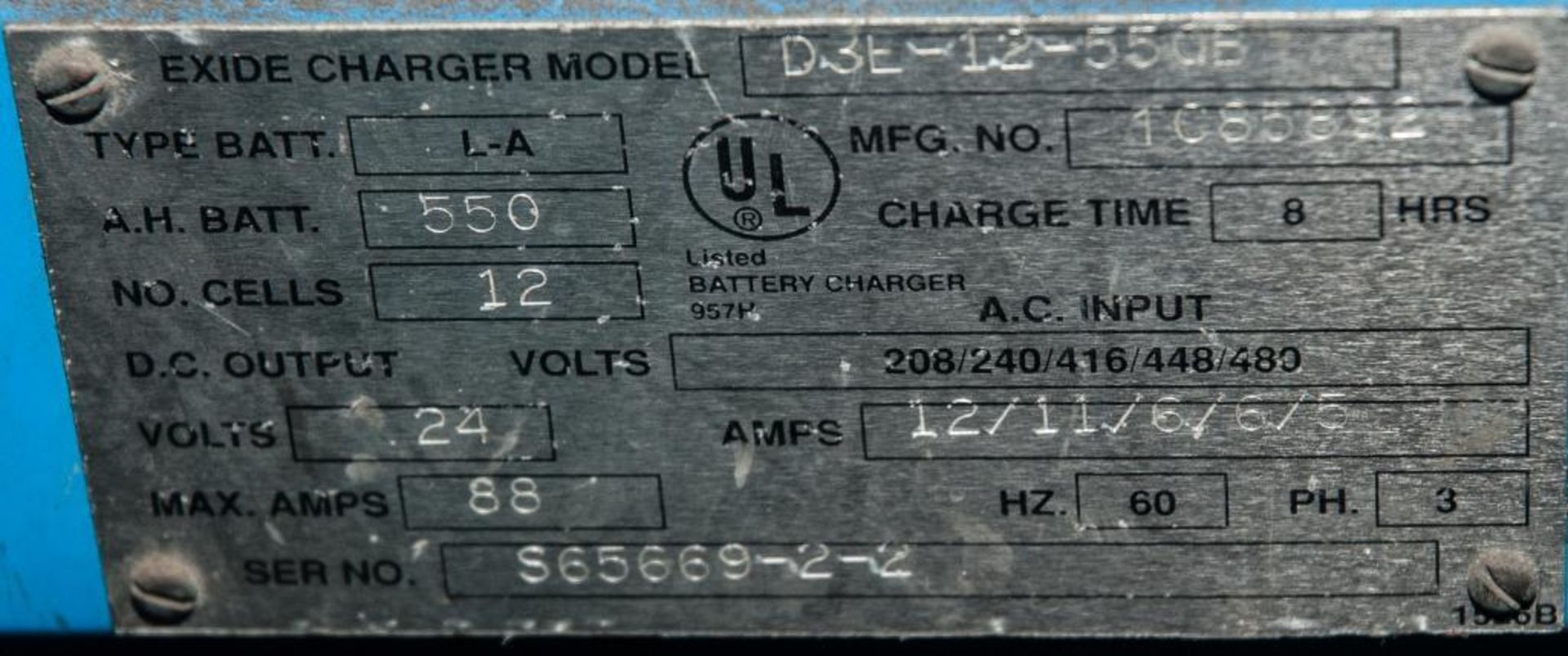 Exide Depth Charger, D3E-12-550B, 24v Battery Charger, s/n S65669-2-2, 208/240/416/448/480v - Image 3 of 3