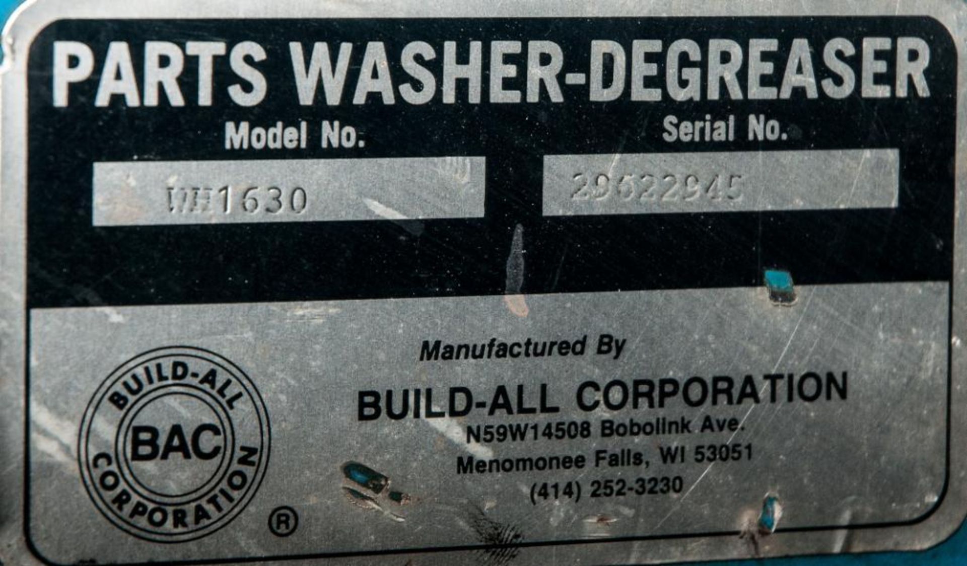 Build-All Corp. Parts Washer, Degreaser, Mdl WH1630, s/n 29622945, with Lighted Lid - Image 2 of 3