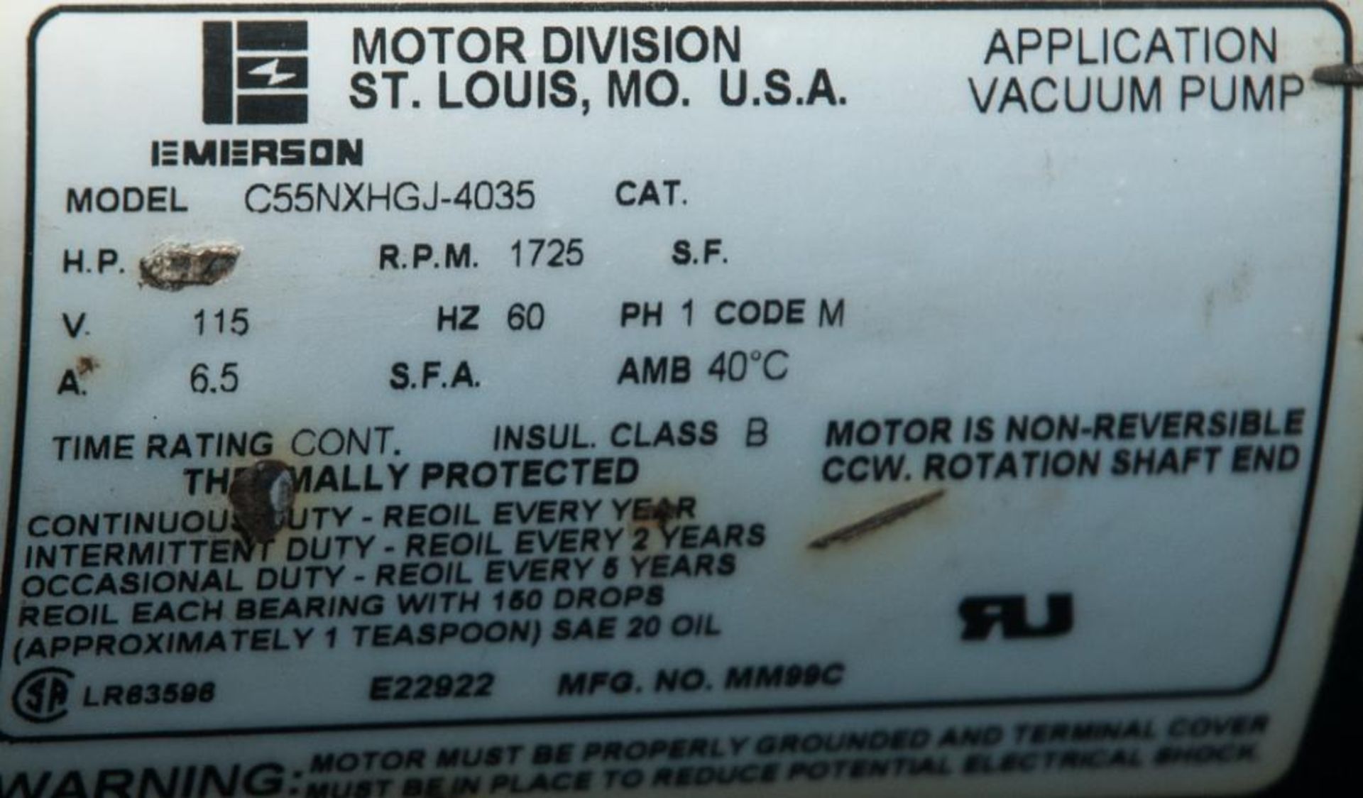 SPX Robinair Cooltech Vacuum Pump, Mdl. 15600, s/n 200406, 6CFM, 1/2 hp - Image 3 of 3