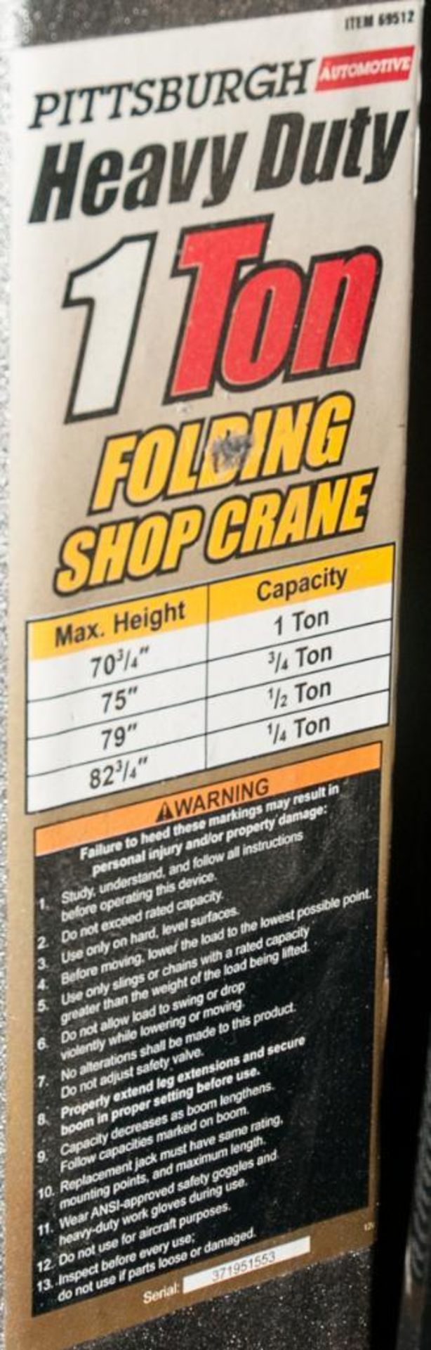 Pittsburgh 1-Ton Folding Shop Crane - Image 3 of 3