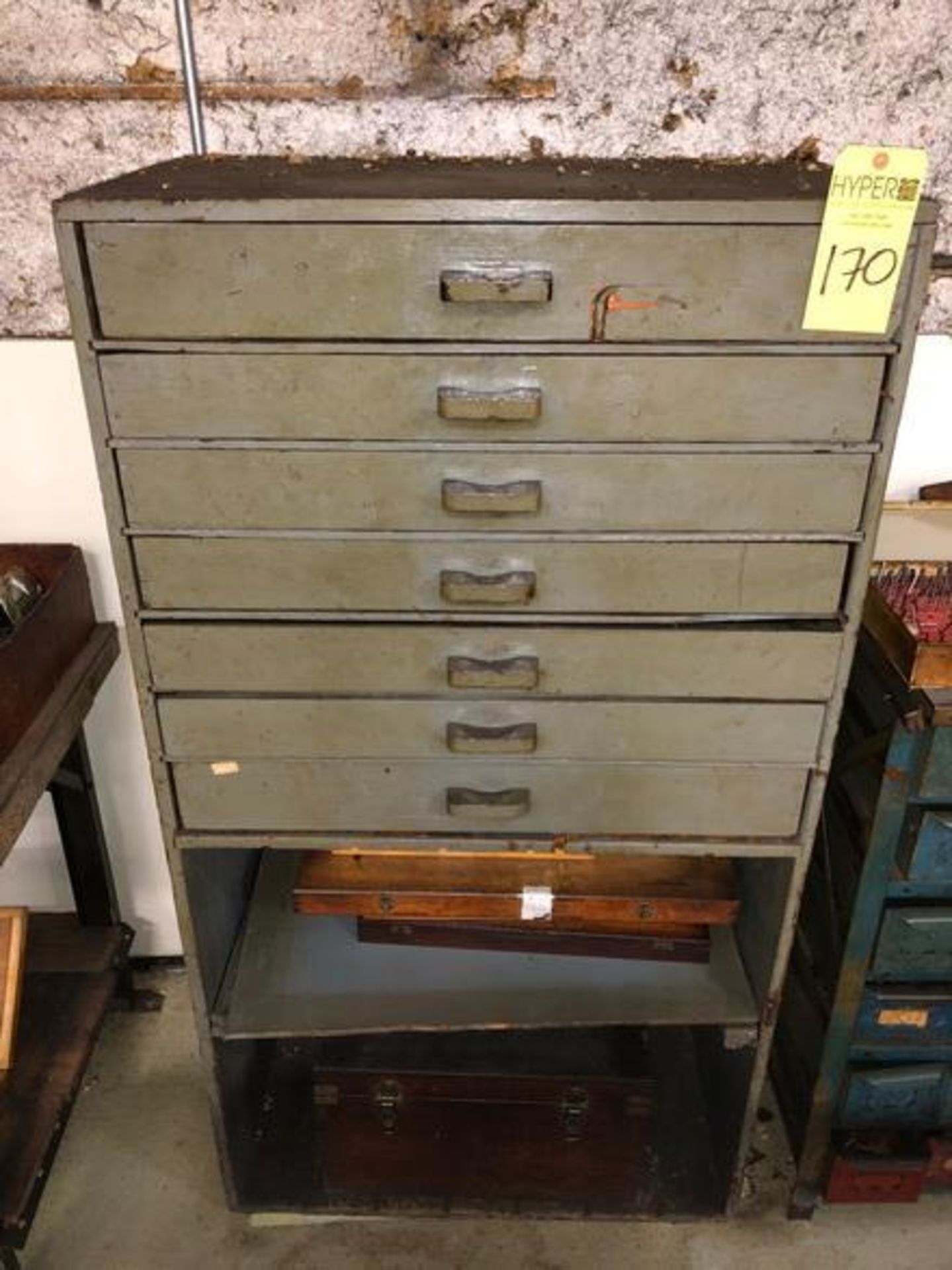 7 drawer wood cabinet with contents