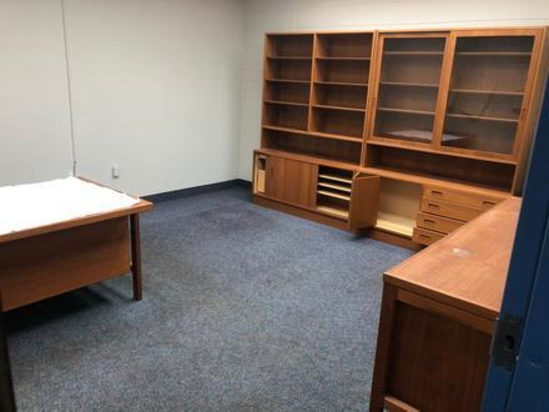 Office furniture to include desk size Cabinet Size 71" X 31" 21" Table 109 X 77" X 17" Book Shelf 69