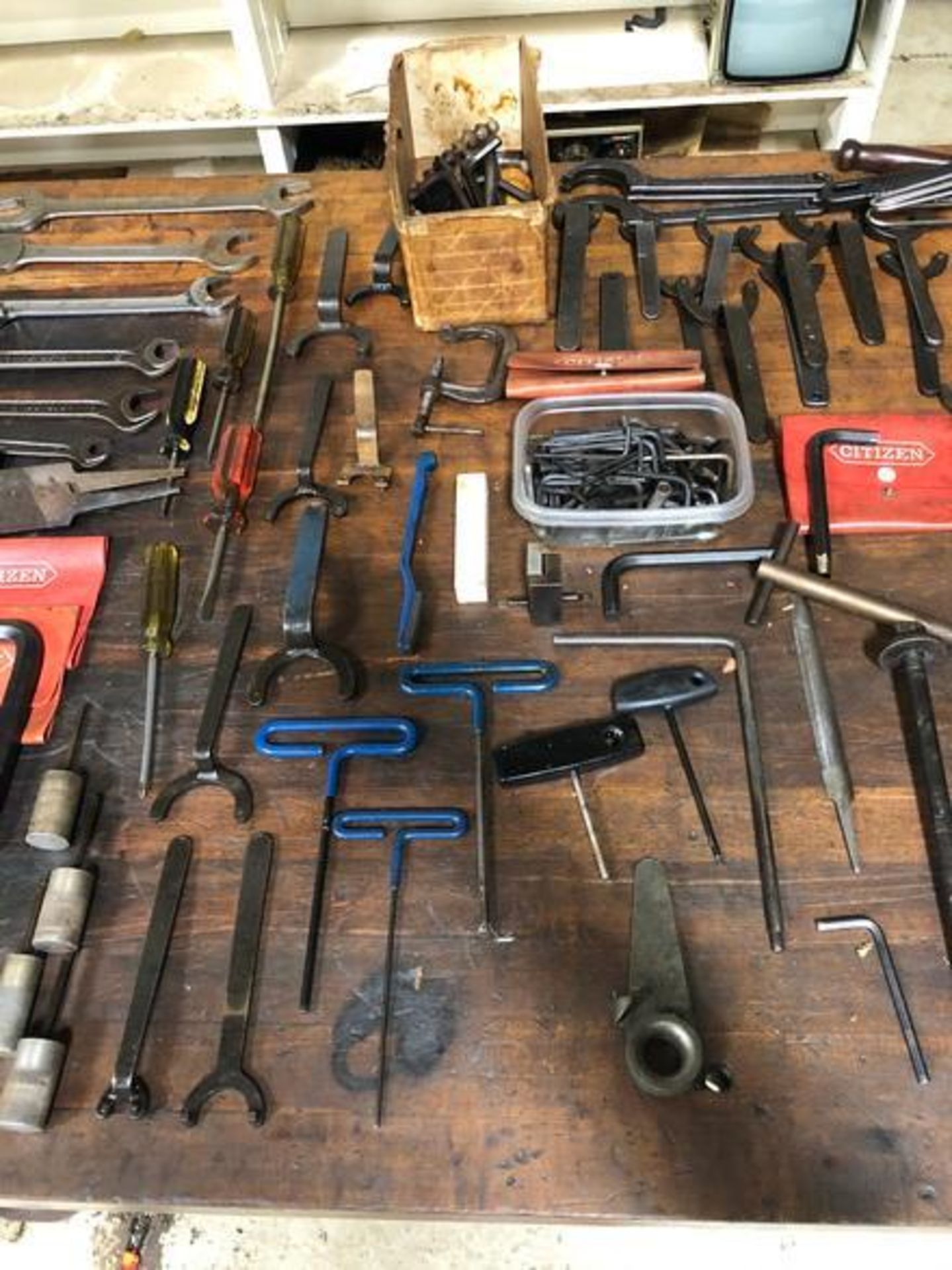 Assorted tools for Citizen Cincom CNC Screw Machines with wood top table and metal base - Image 5 of 7