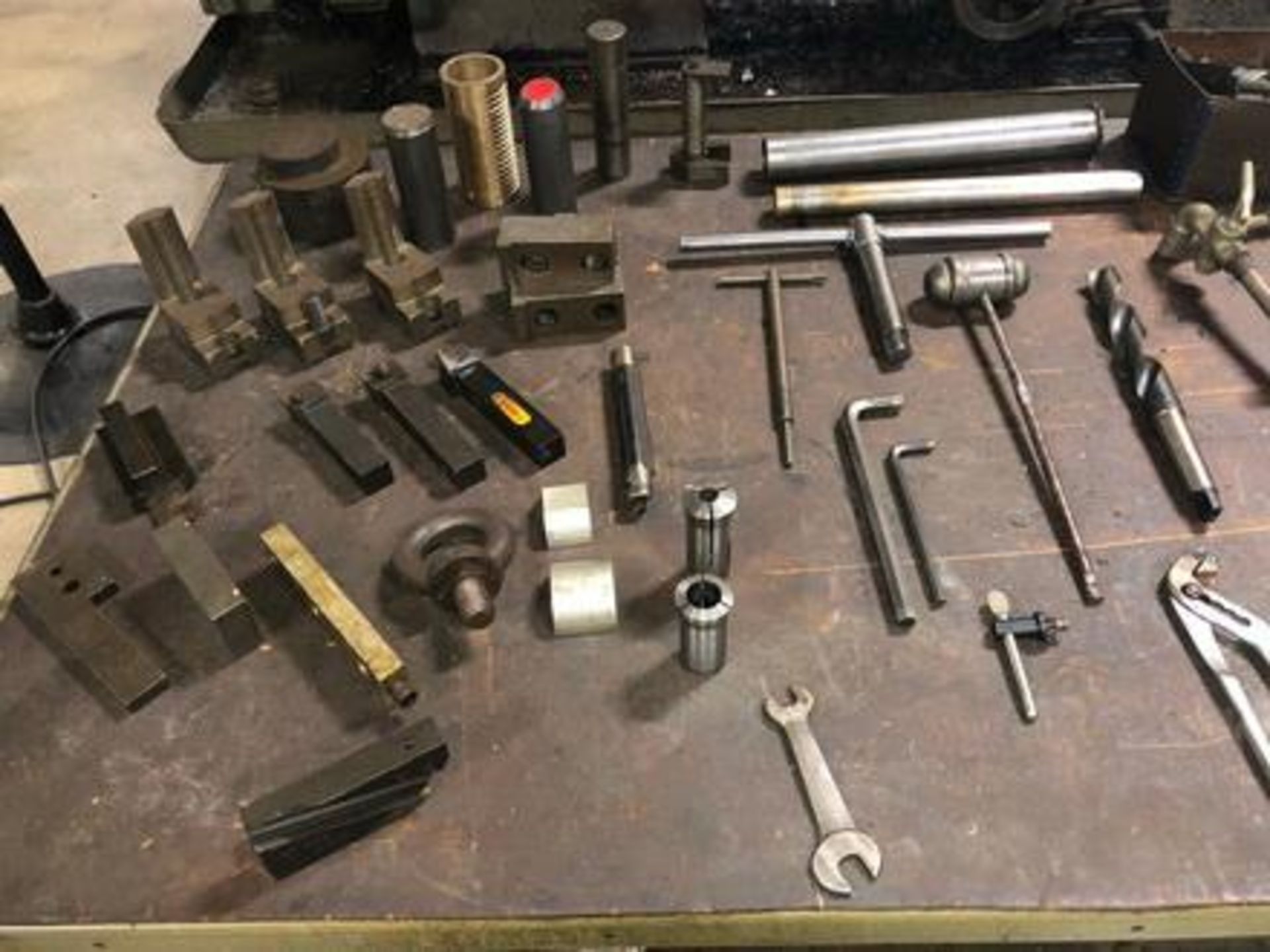 Assorted Parts for CNC lathe c/o: holders blades fixtures with wood top Desk and Metal Base size 32" - Image 4 of 6
