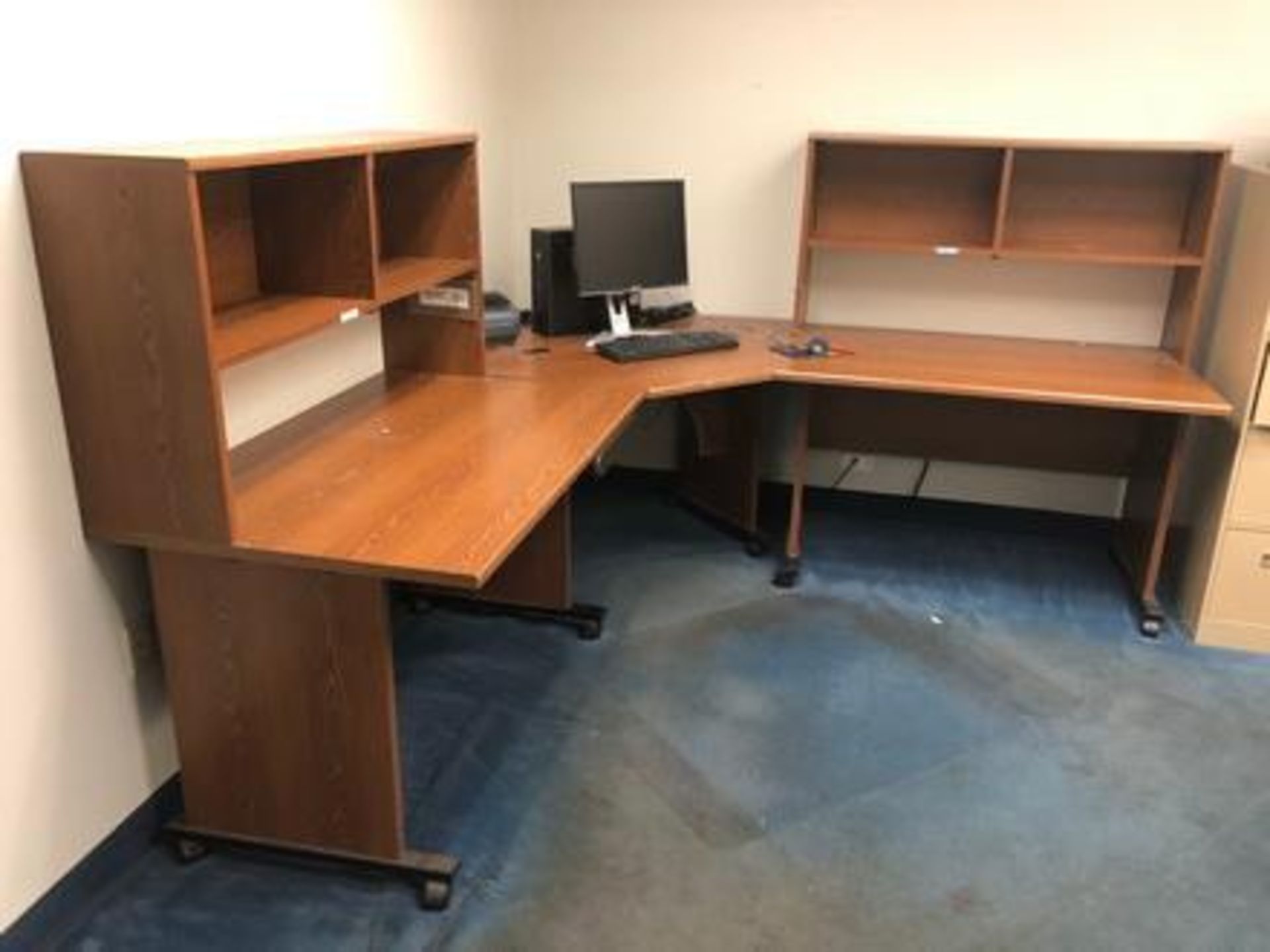 Office furniture to include desk size 86" x 86" x 21" , HP Computer, Dell monitor, Zebra GK420d labe - Image 3 of 8