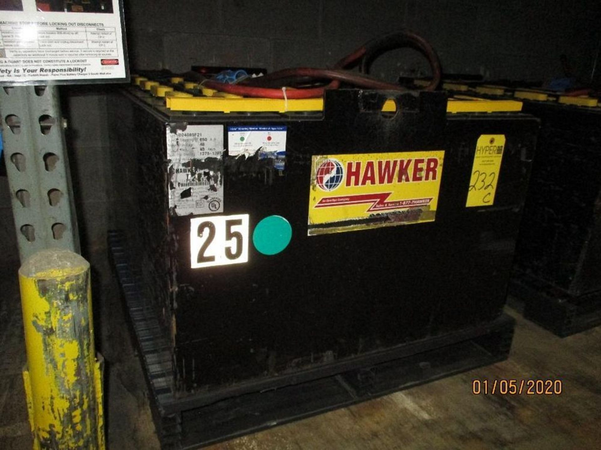 Hawker Forklift Battery (25) 850 Amp Hours, 48v, Type No. 024085F21