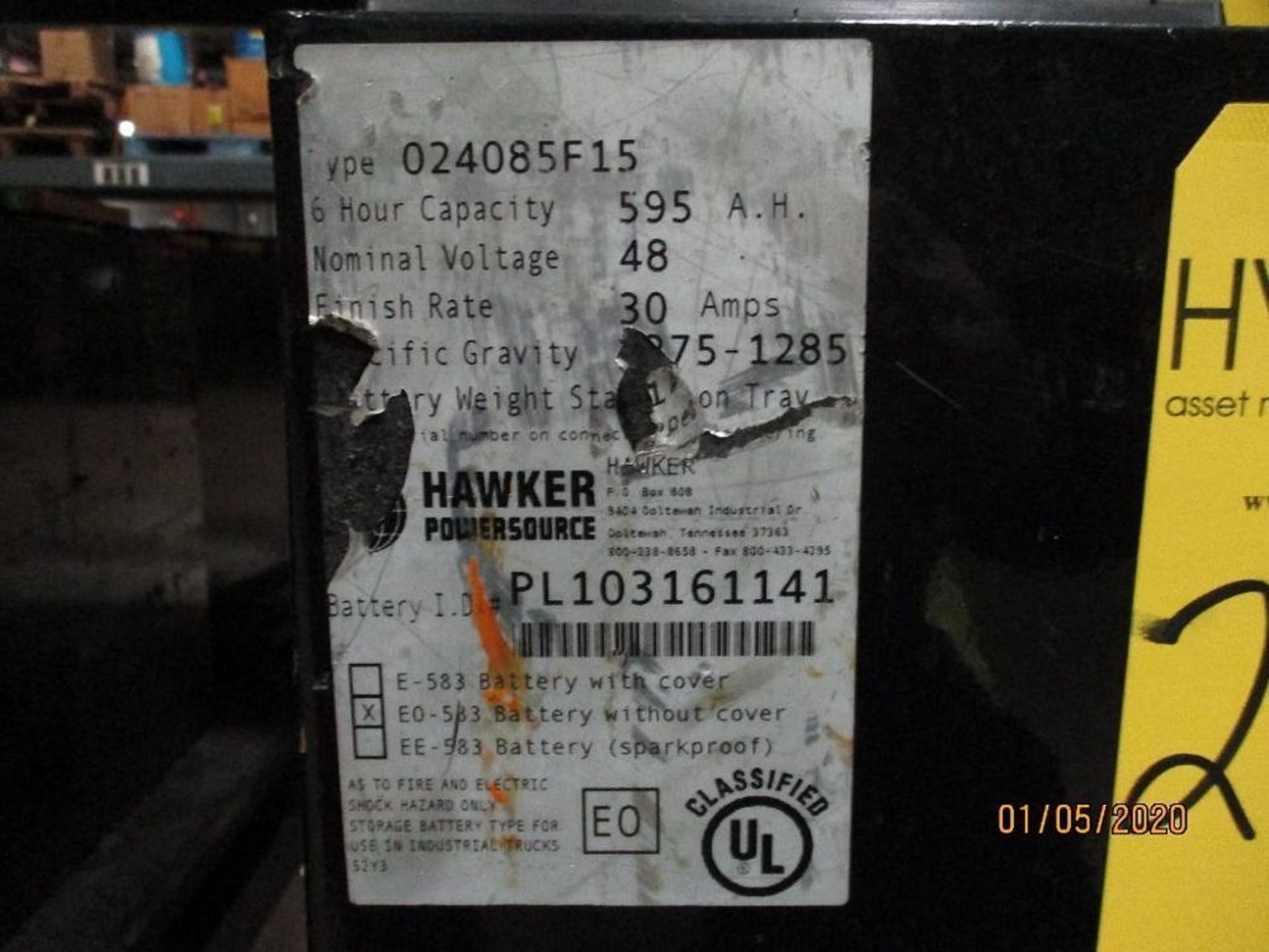 Hawker Forklift Battery (39) 595 Amp Hours, 48v Type No. 024085F15 - Image 2 of 2
