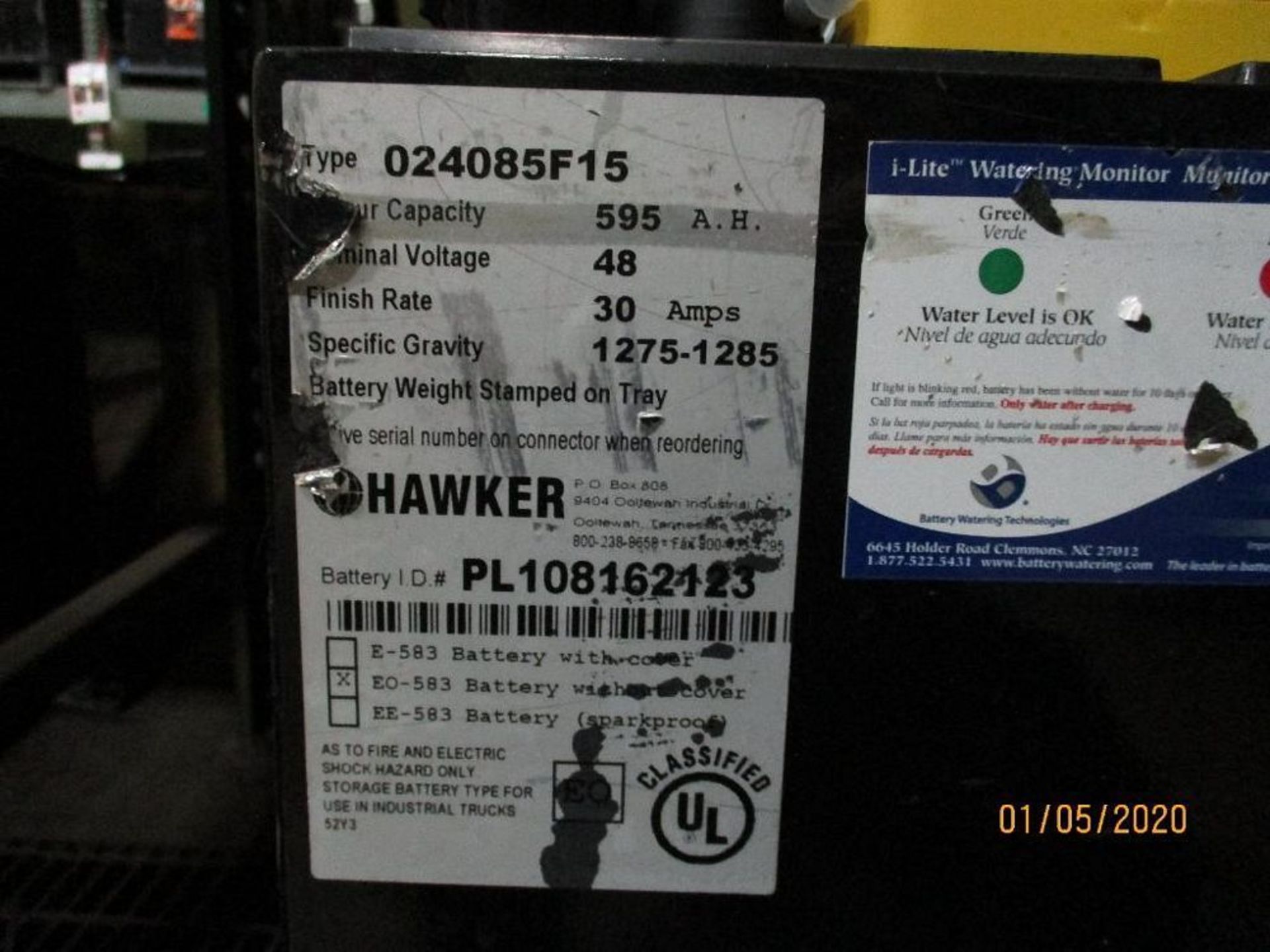 Hawker Forklift Battery (56) 595 Amp Hours, 48v, Type No. 024085F15 - Image 2 of 2