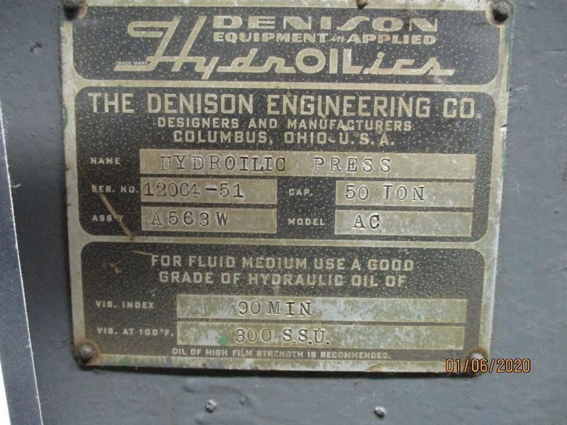 Denison Hydra-Oil 50 Ton Hydrulic Press, M/N AC S/N 12064-51 - Image 4 of 4