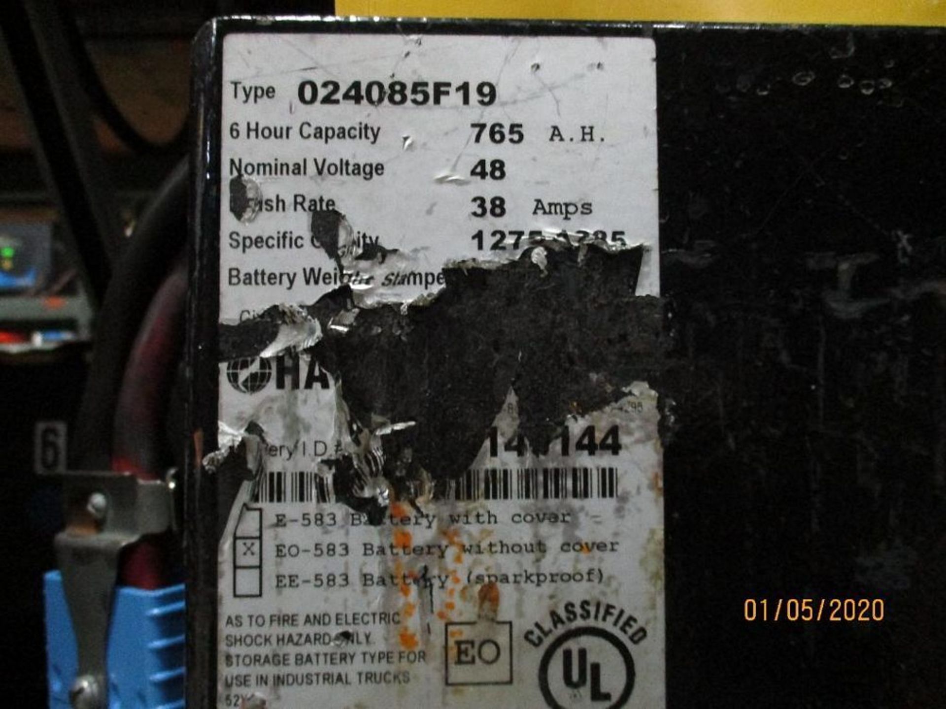 Hawker Forklift Battery (16) 765 Amp Hours, 48v, Type No. 024085F19 - Image 2 of 2