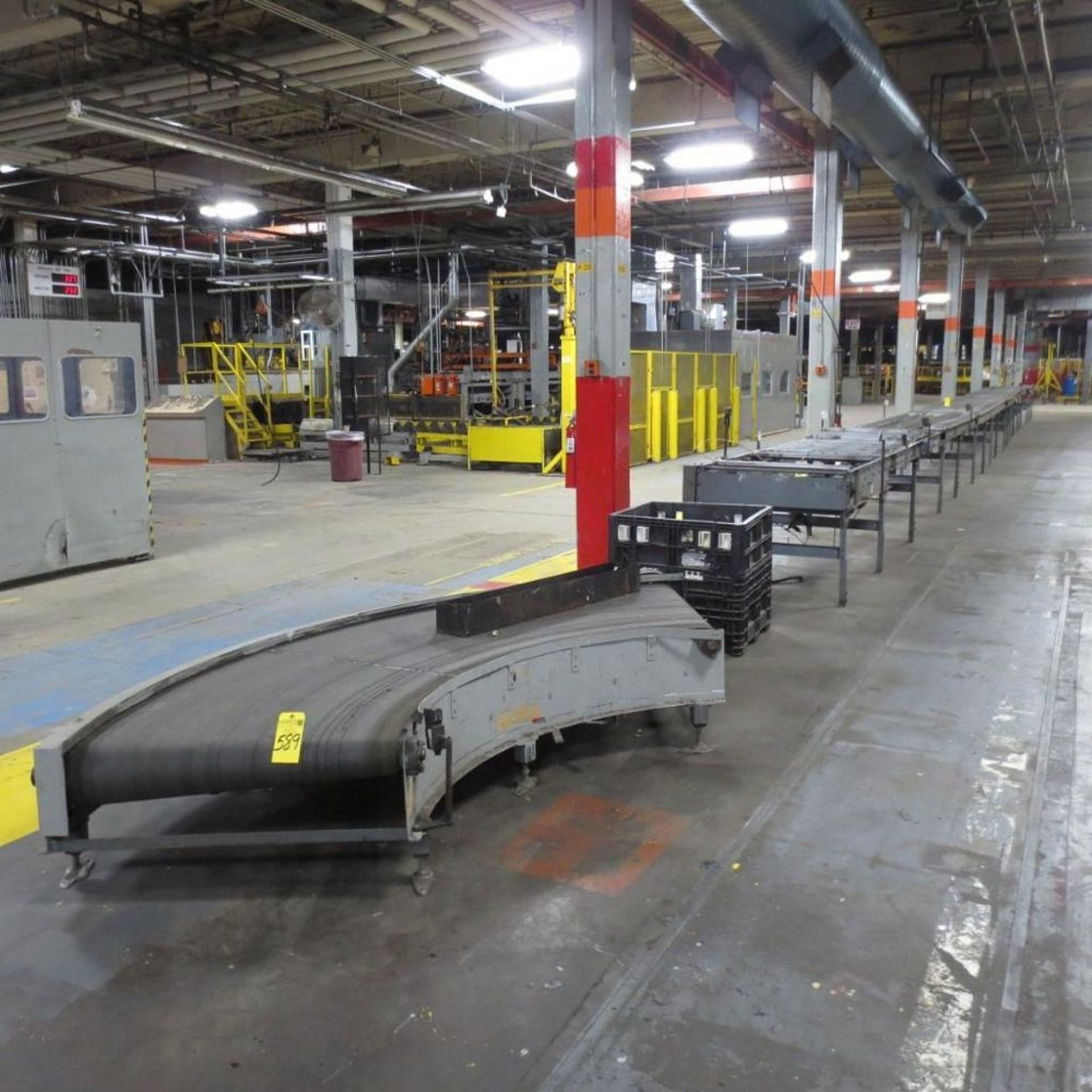 Approximate 80' Roller Conveyor, 38" Rollers with 38" Belt Conveyor Turn