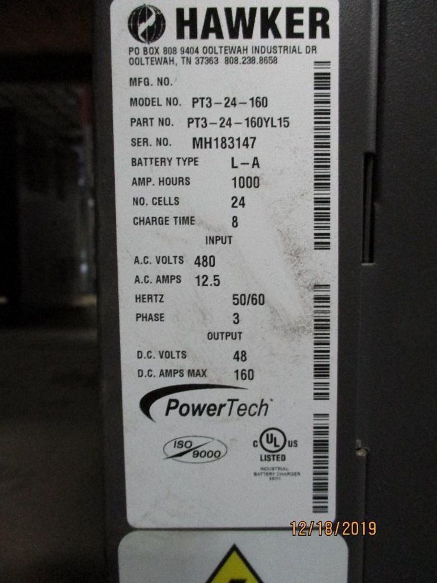 Hawker Powertech Battery Charger, 480v, 12.5amp, 3ph, M/N PT3-24-160 S/N 183147 - Image 2 of 2