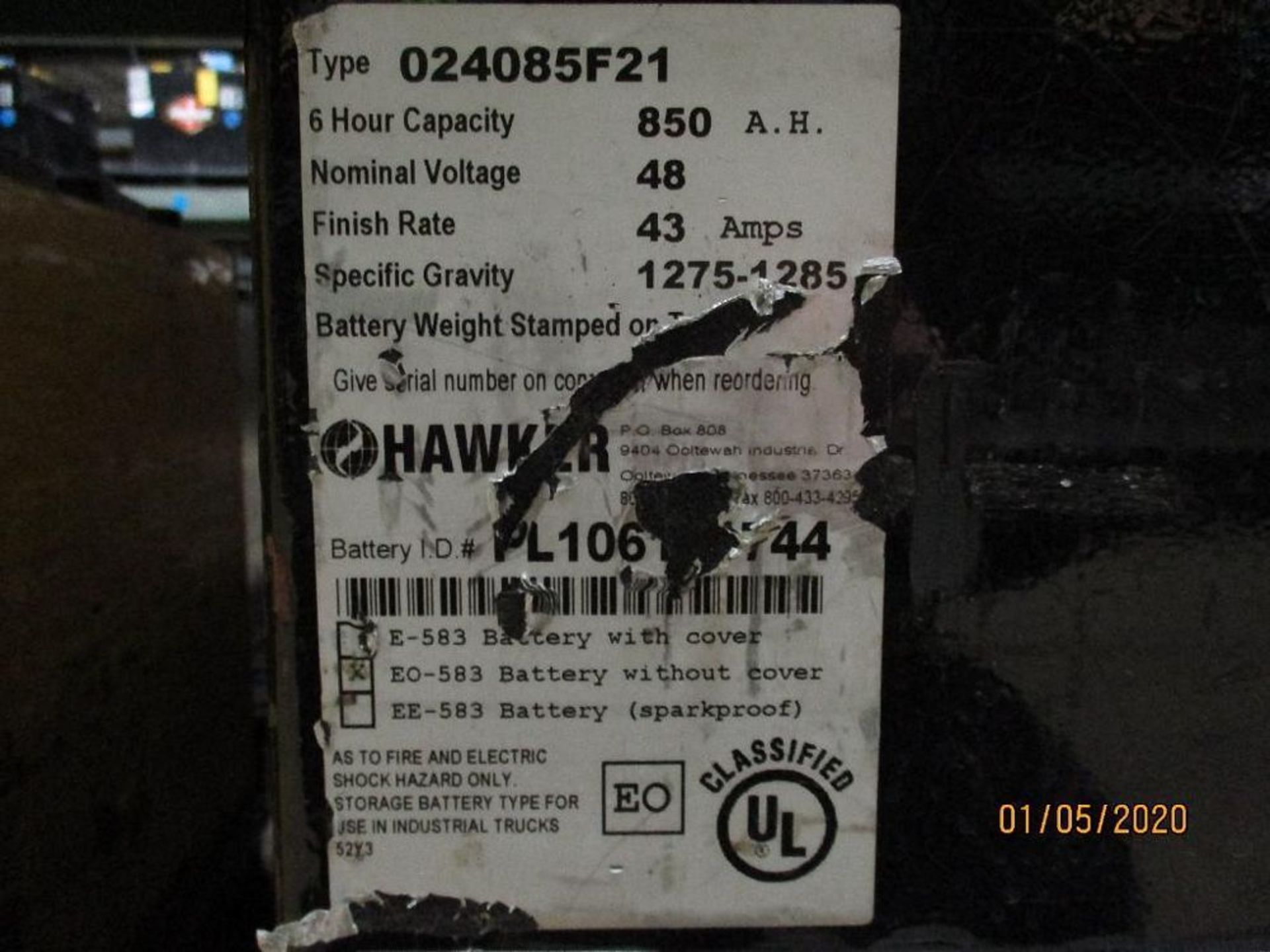 Hawker Forklift Battery (26) 850 Amp Hours, 48v, Type No. 024085F21 - Image 2 of 2