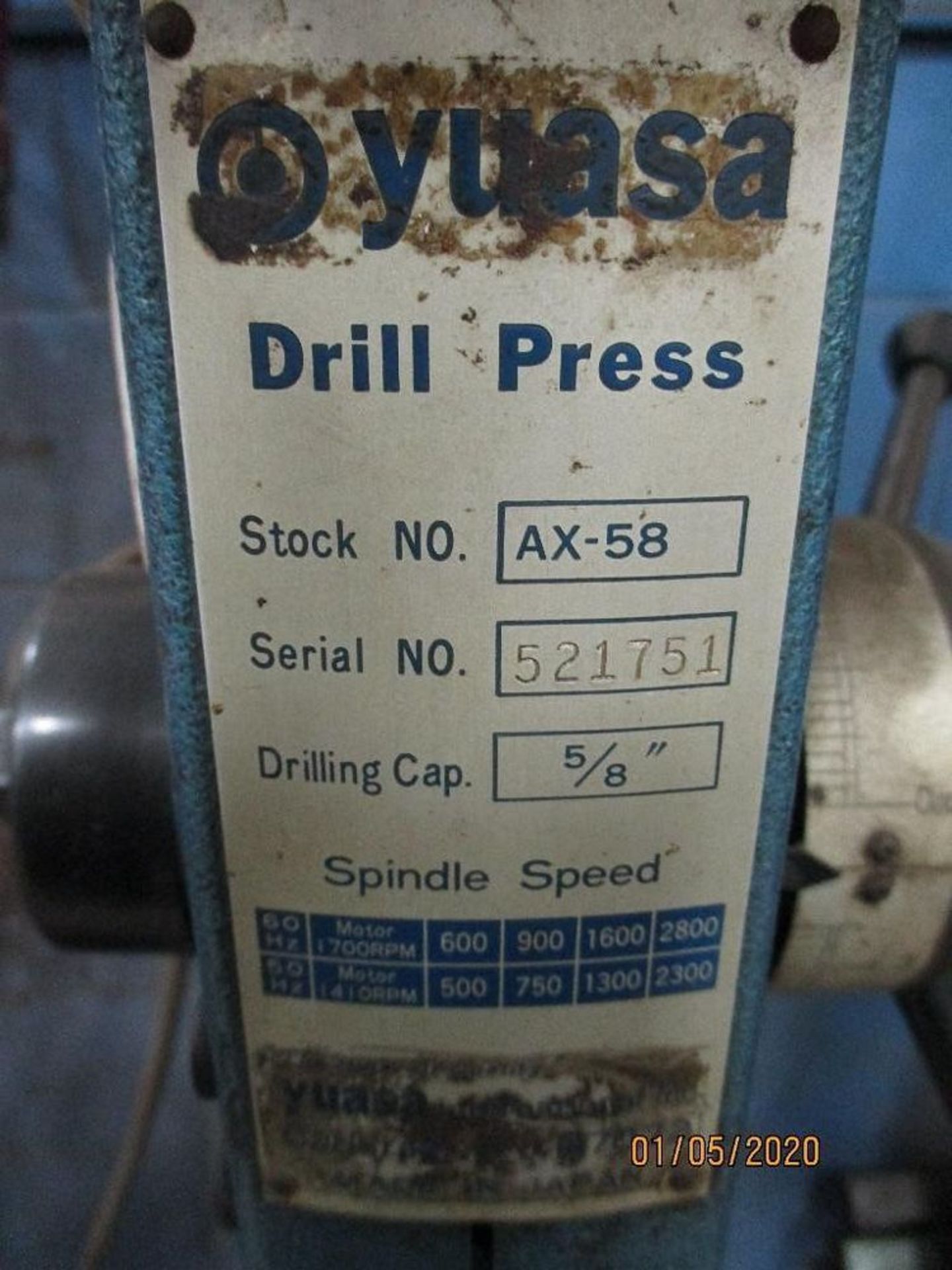 Yuasa Drill Press, 5/8" Drilling Capacity, M/N AX-58 S/N 521751 - Image 4 of 4