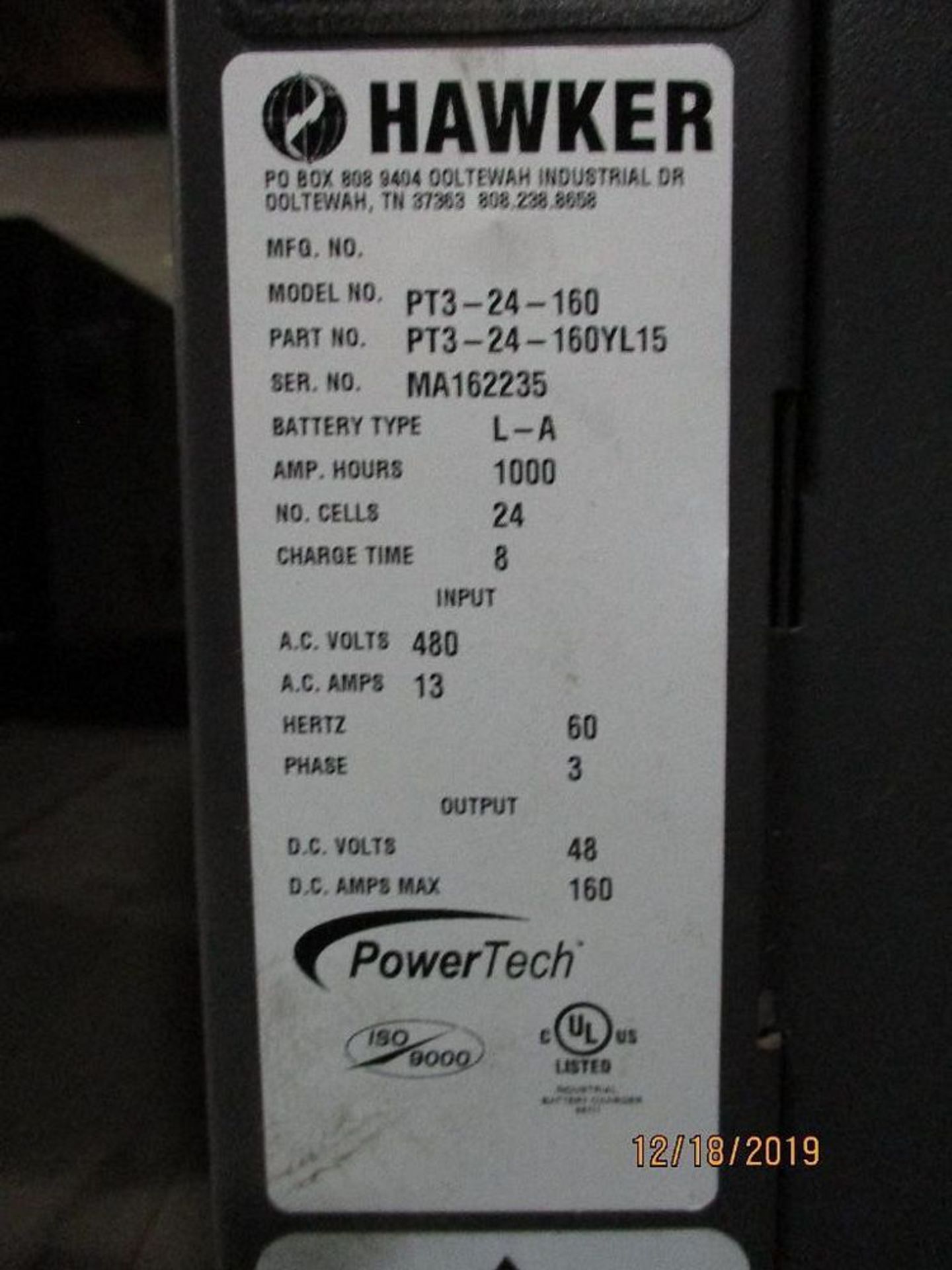 Hawker Powertech Battery Charger, 480v, 13amp, 3ph, M/N PT3-24-160 S/N MA162235 - Image 2 of 2