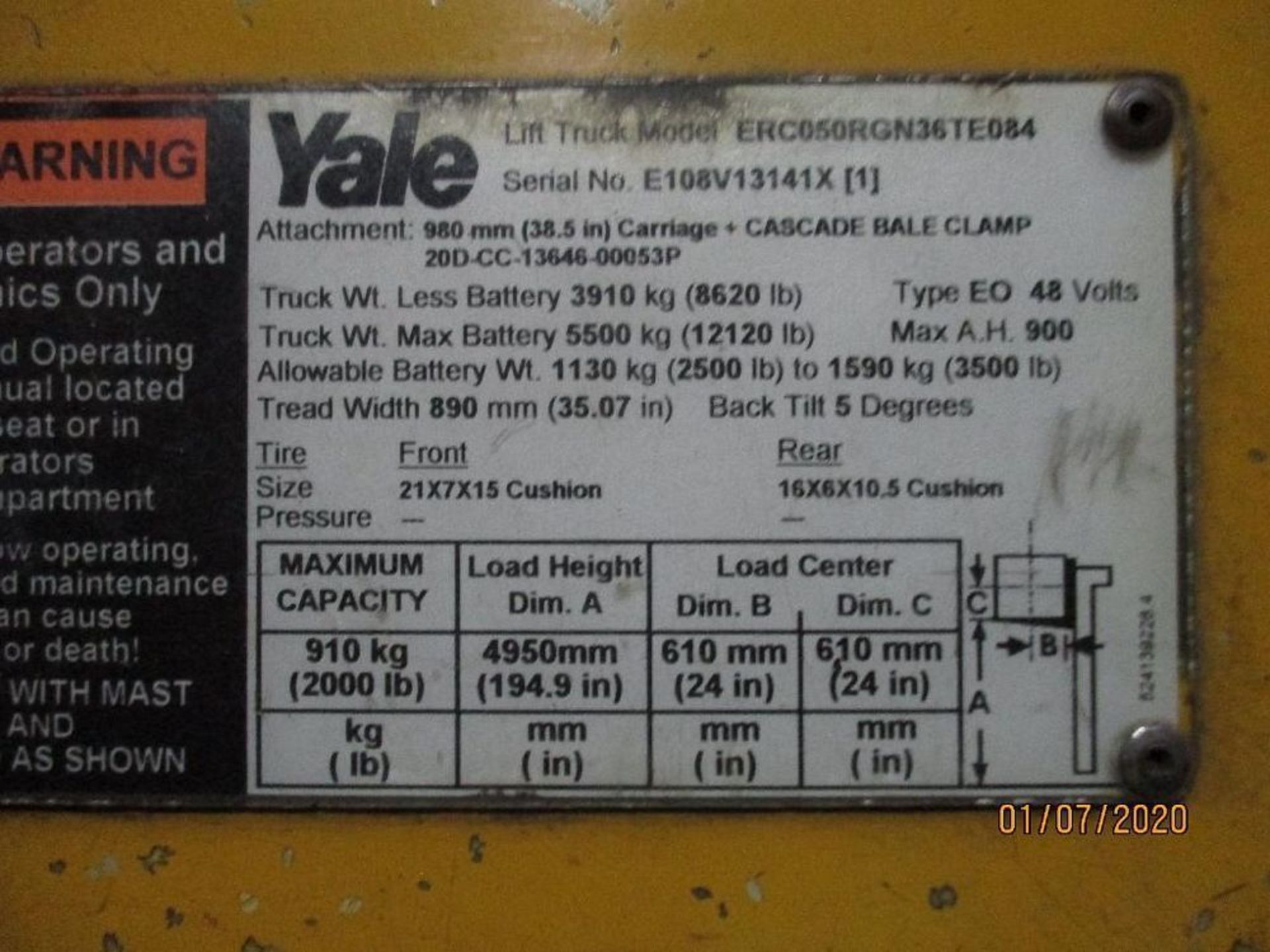 Yale Electric Forklift (R86) Double Mast, Side Shift, Auto Adjust 46" Forks, Approx. Height Reach 19 - Image 7 of 8