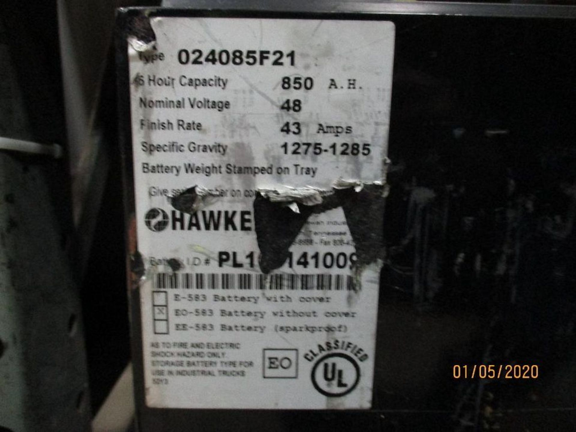 Hawker Forklift Battery (35) 850 Amp Hours, 48v, Type No. 024085F21 - Image 2 of 2