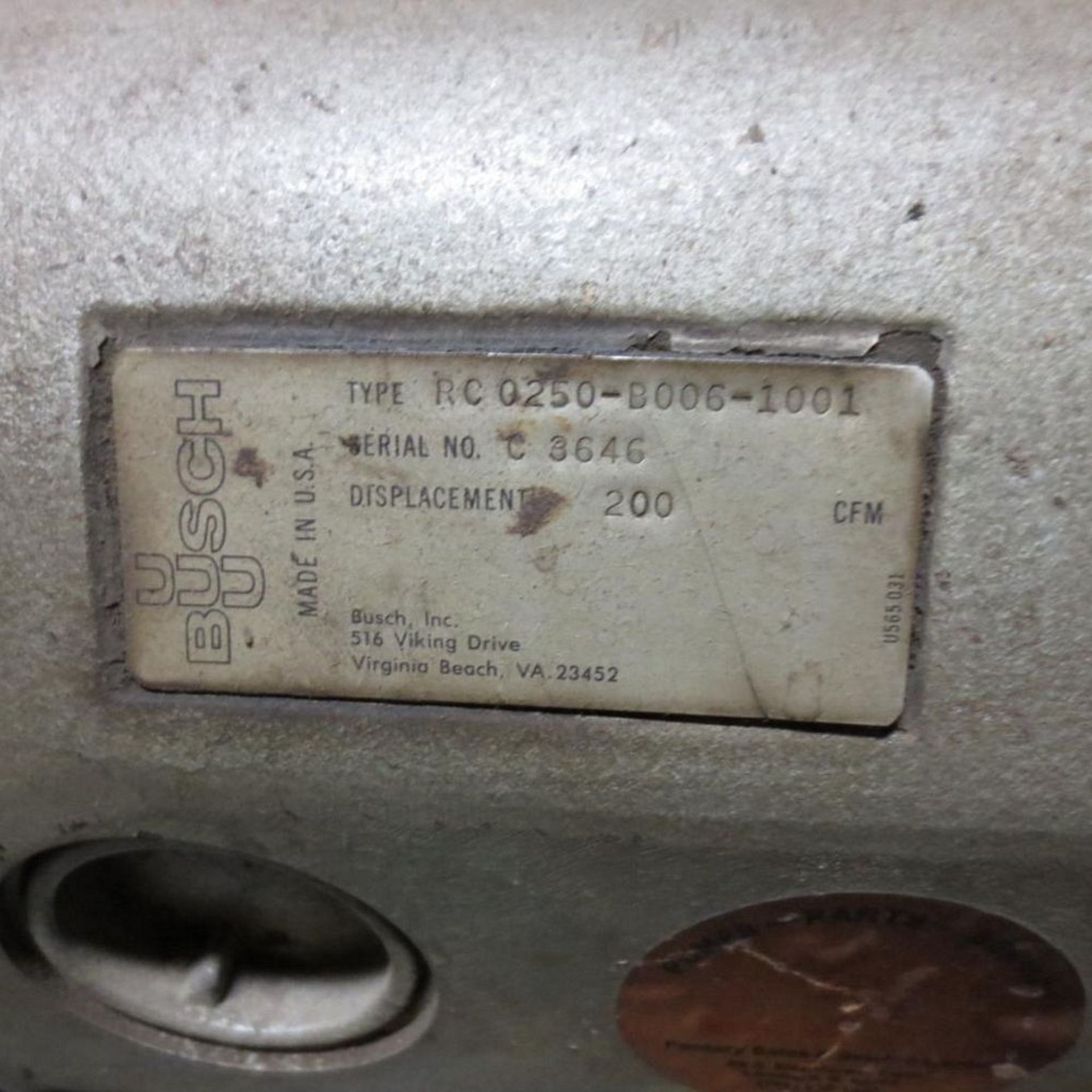 Busch Type RC0250-D006-1001, 200 CFM, S/N C3646 - Image 3 of 4