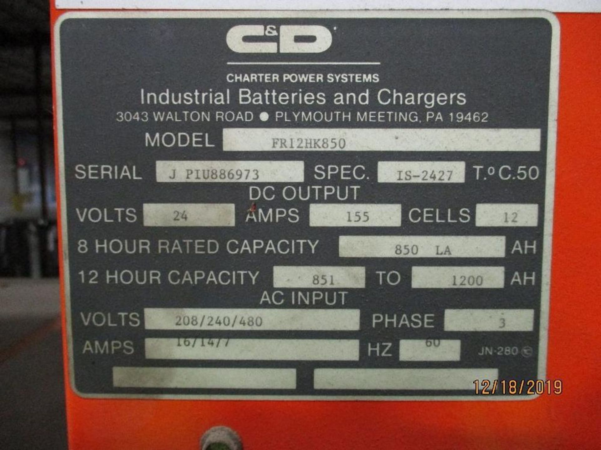 C & D Charter Power Systems Ferro Five Battery Charger, 480v, 16amp, 3ph, M/N FR12HK850 S/N JPIU8869 - Image 2 of 2