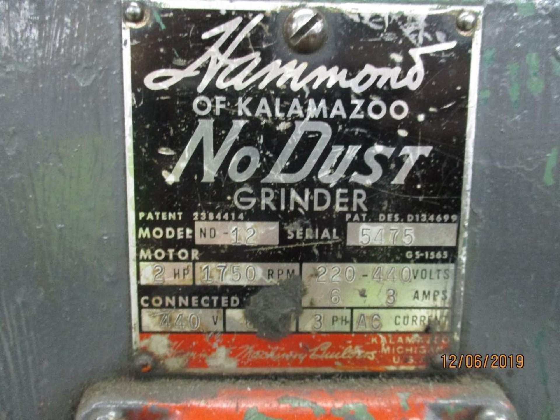 Hammond Grinder, 2hp M/N ND-12 S/N 5475 - Image 3 of 3