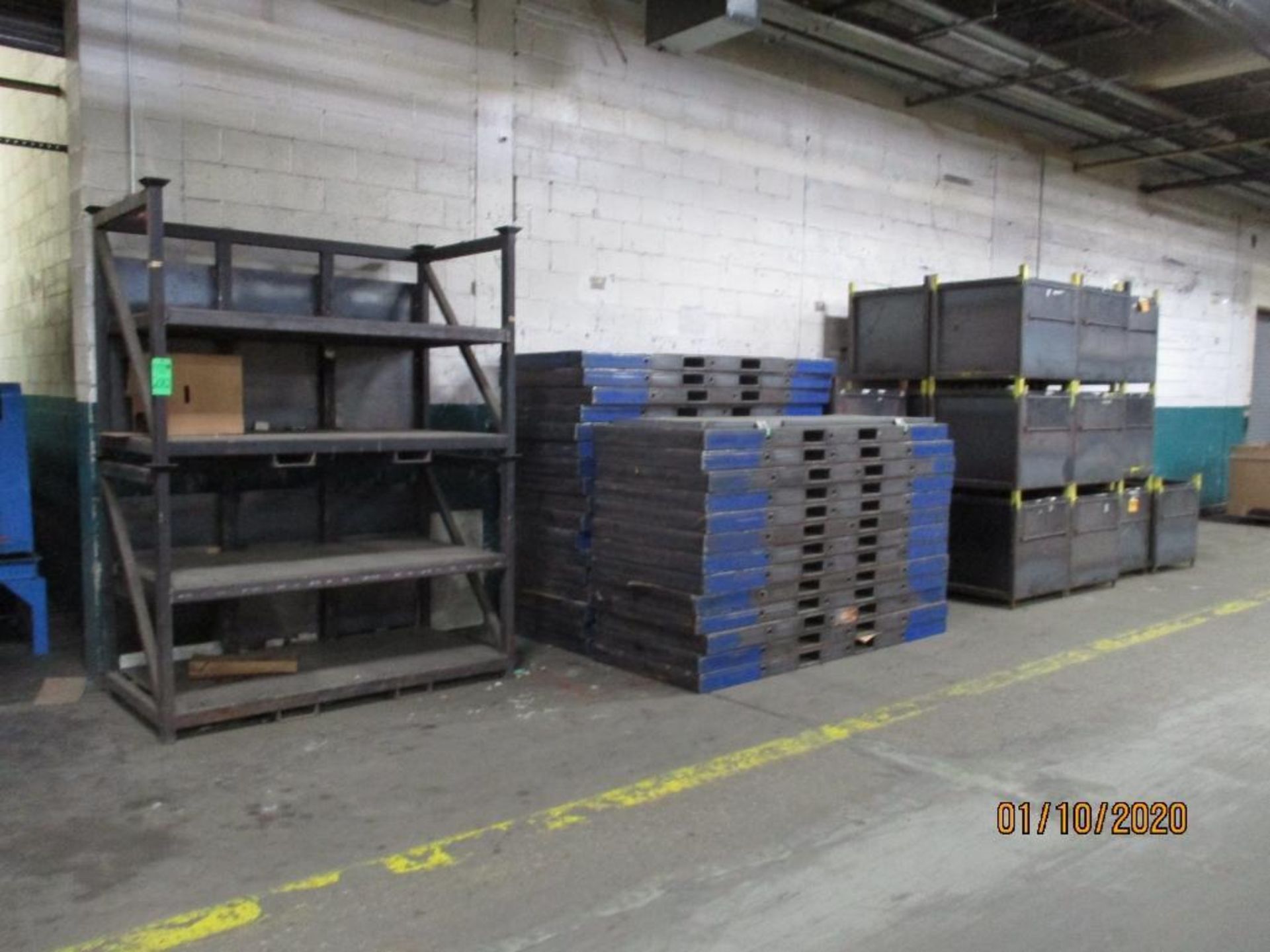 Two Steel Racks, 30 Steel Pallets 37' x 93", 24 Steel Boxes 32' x 32" x 28" Deep