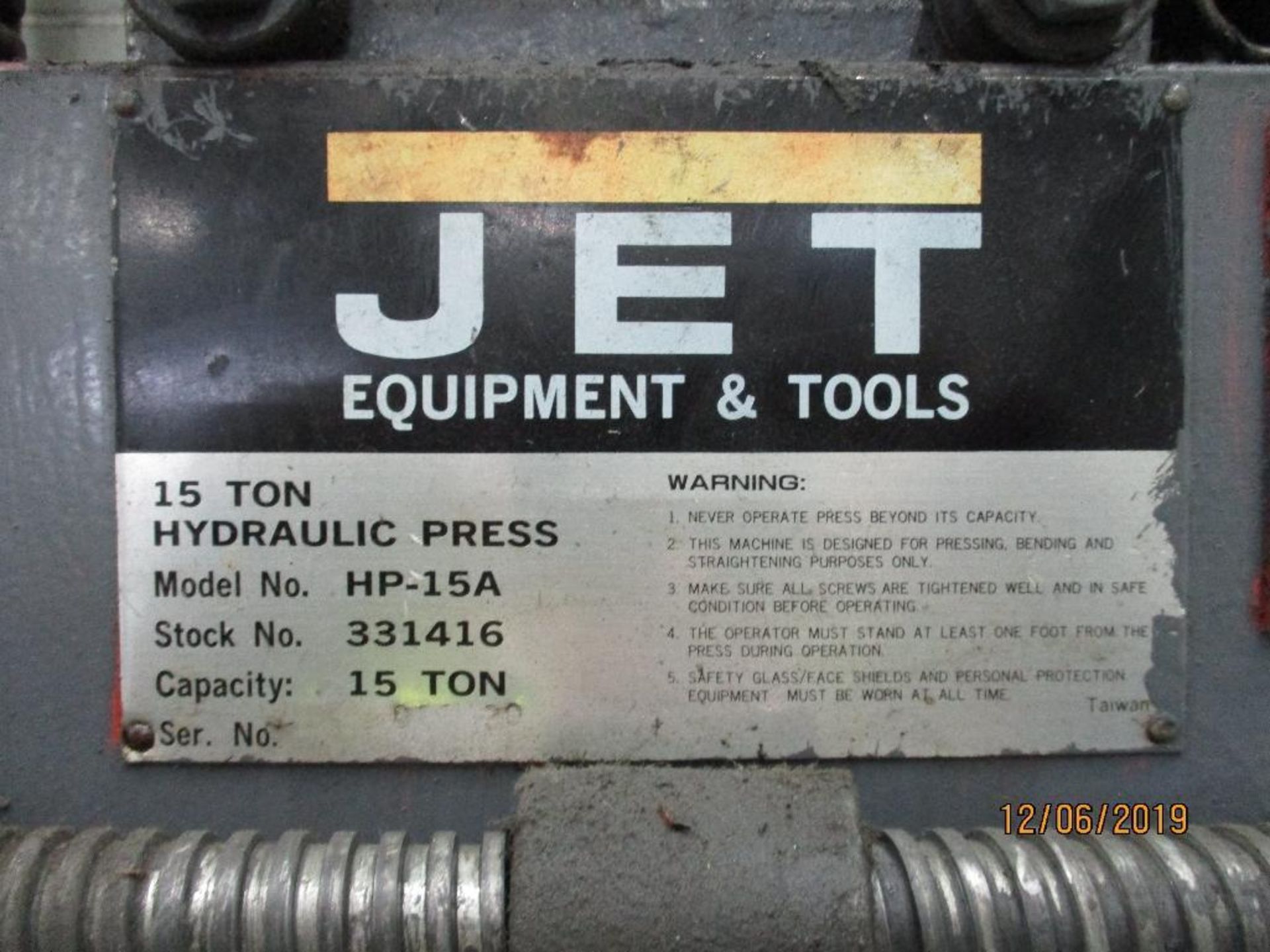 Jet15 Ton H-Frame Hydrulic Press, 25" x 30" M/N HP-15A S/N 331416 - Image 3 of 3