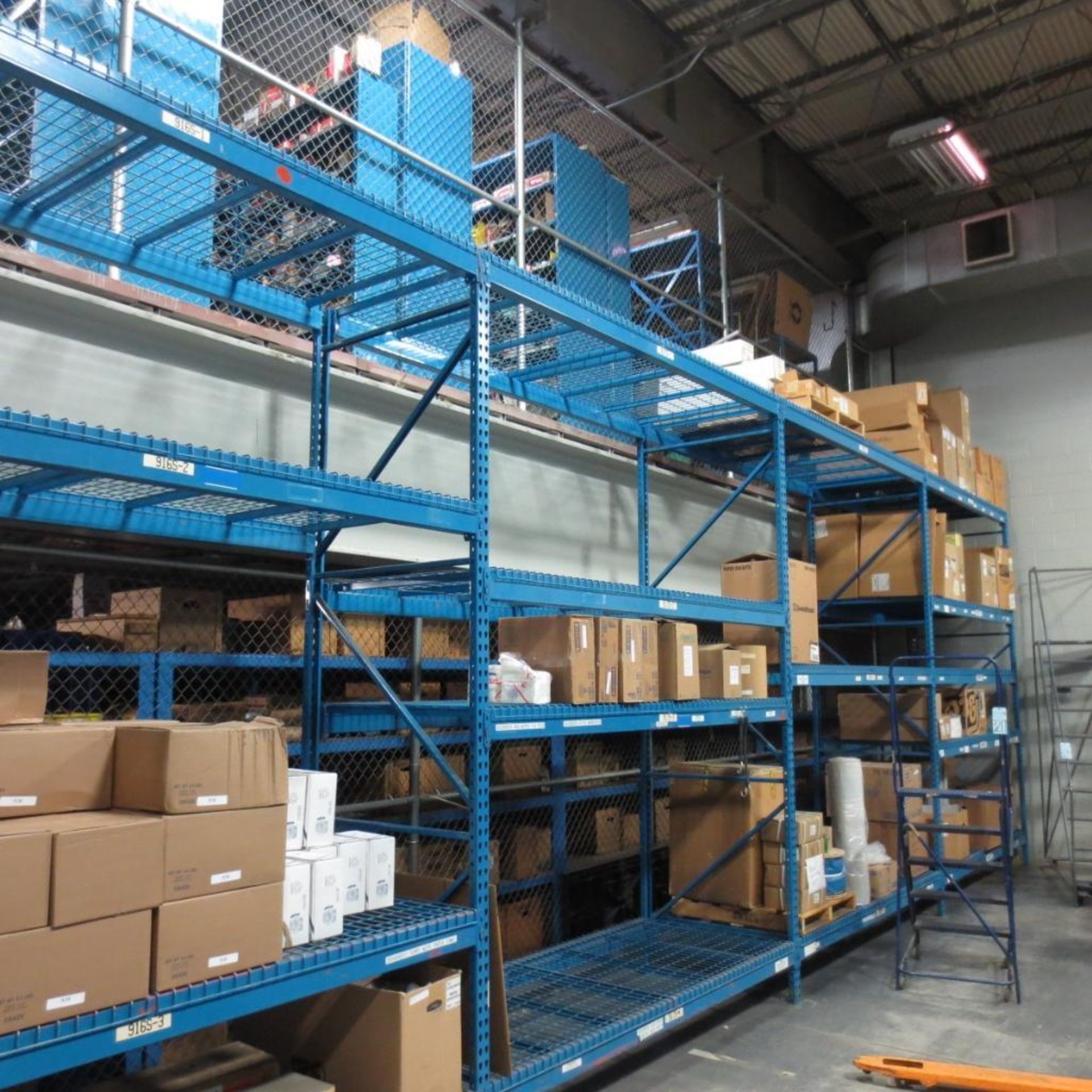 (4) Sections of Pallet Racking with Wire Mesh, (5) 12' X 42" Legs, (32) 9' Cross Beam ( No Contents