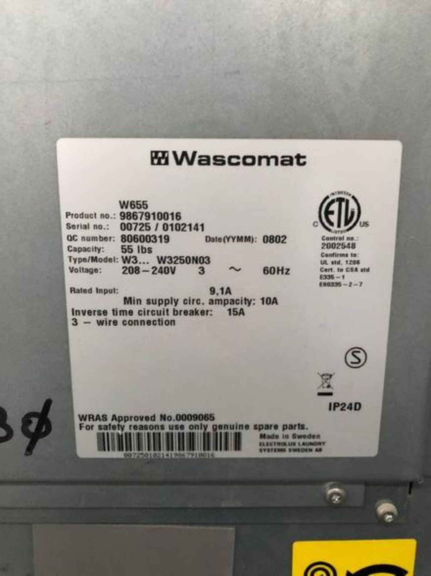 Wascomat Model W-655 Heavy-Duty 55Lb. Commercial Washing Machine S/N: 00725/0102141 (2008) - Image 8 of 9