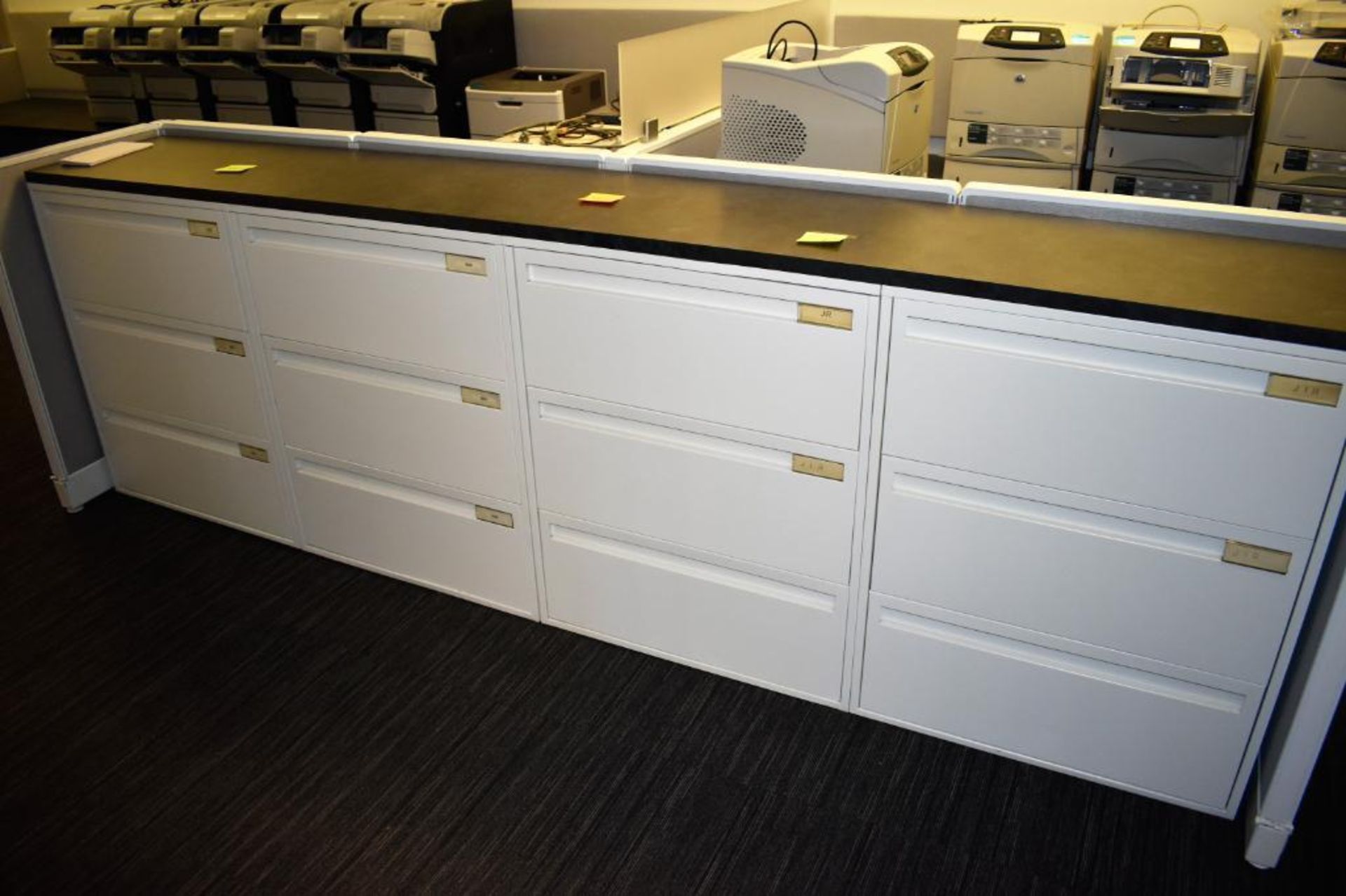 (4) Metal Four Drawer Lateral Sized File Cabinets, 10' (est) Wood Laminate Work Top, Metal Frame Clo