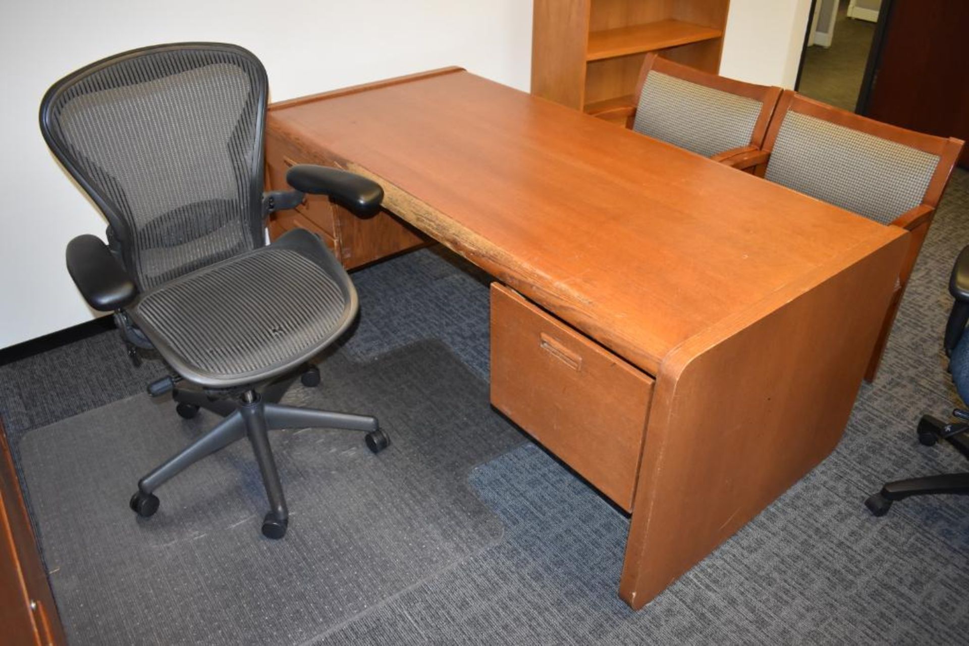 Office Suite c/o: Wood Double Pedestal Desk, Plastic Mesh Upholstered Swival Arm Chair, (2) Wood Fra - Image 4 of 5