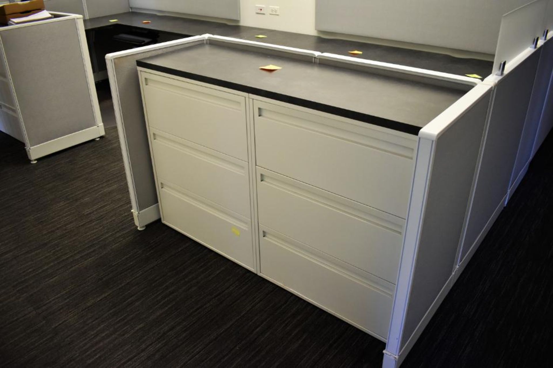 (2) Metal Four Drawer Lateral Sized File Cabinets, 5' (est) Wood Laminate Work Top, Metal Frame Clot