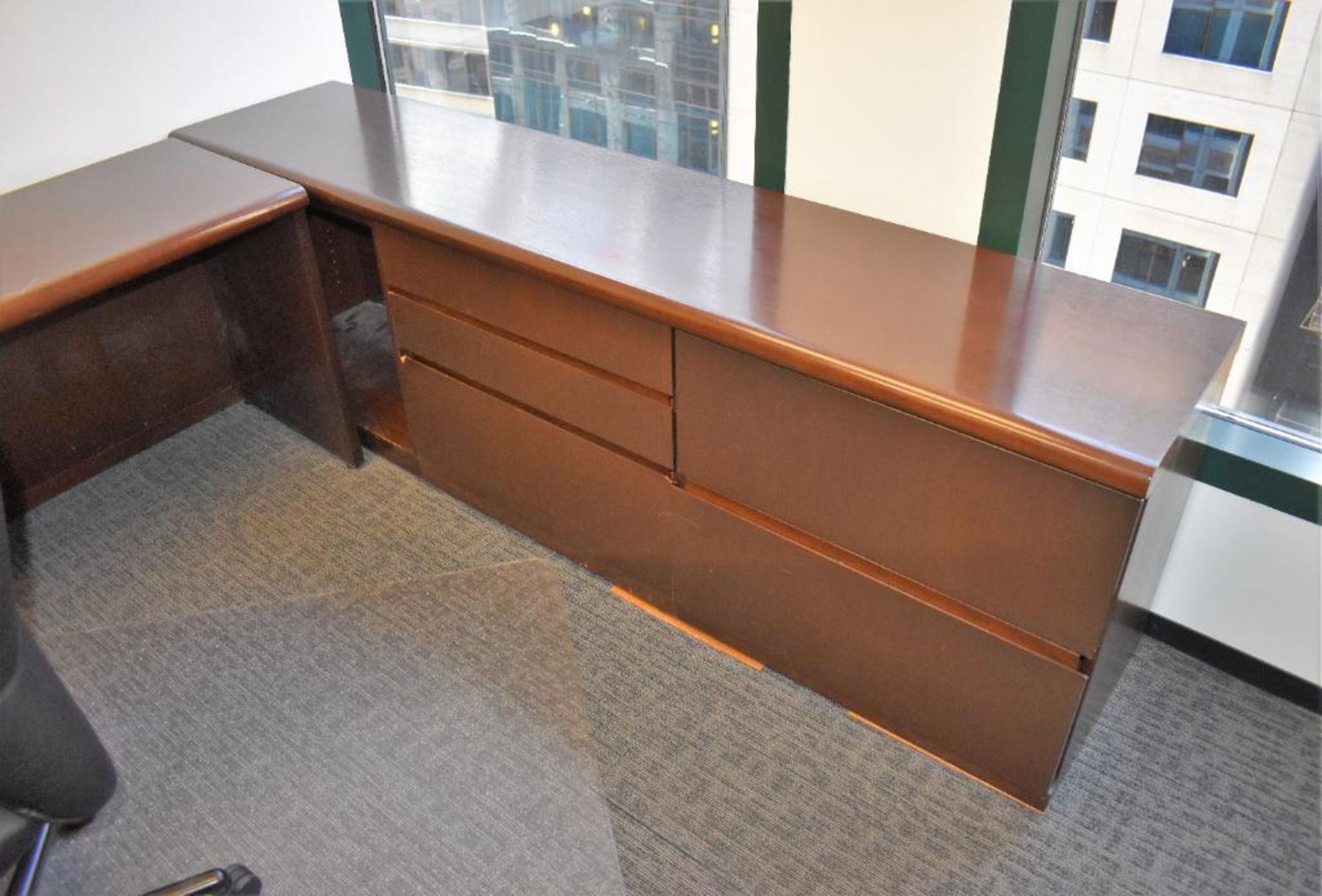 Office Suite c/o: Wood Frame Desk w/Right Return, Wood Credenza, Wood Frame Leather Upholstered High - Image 2 of 3