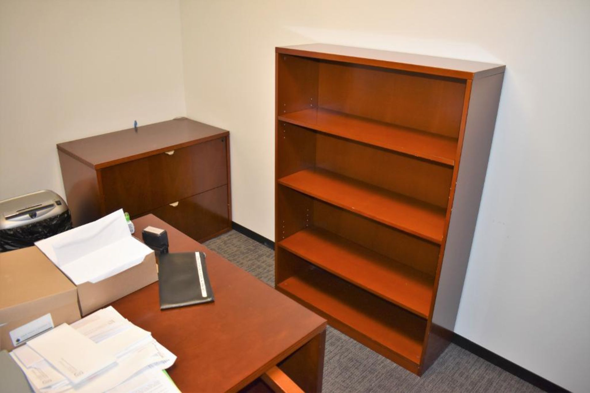 Office Suite c/o: Wood Desk w/Right Return, (2) Wood Frame Clothe Upholstered, Wood Two Drawer Later - Image 2 of 3