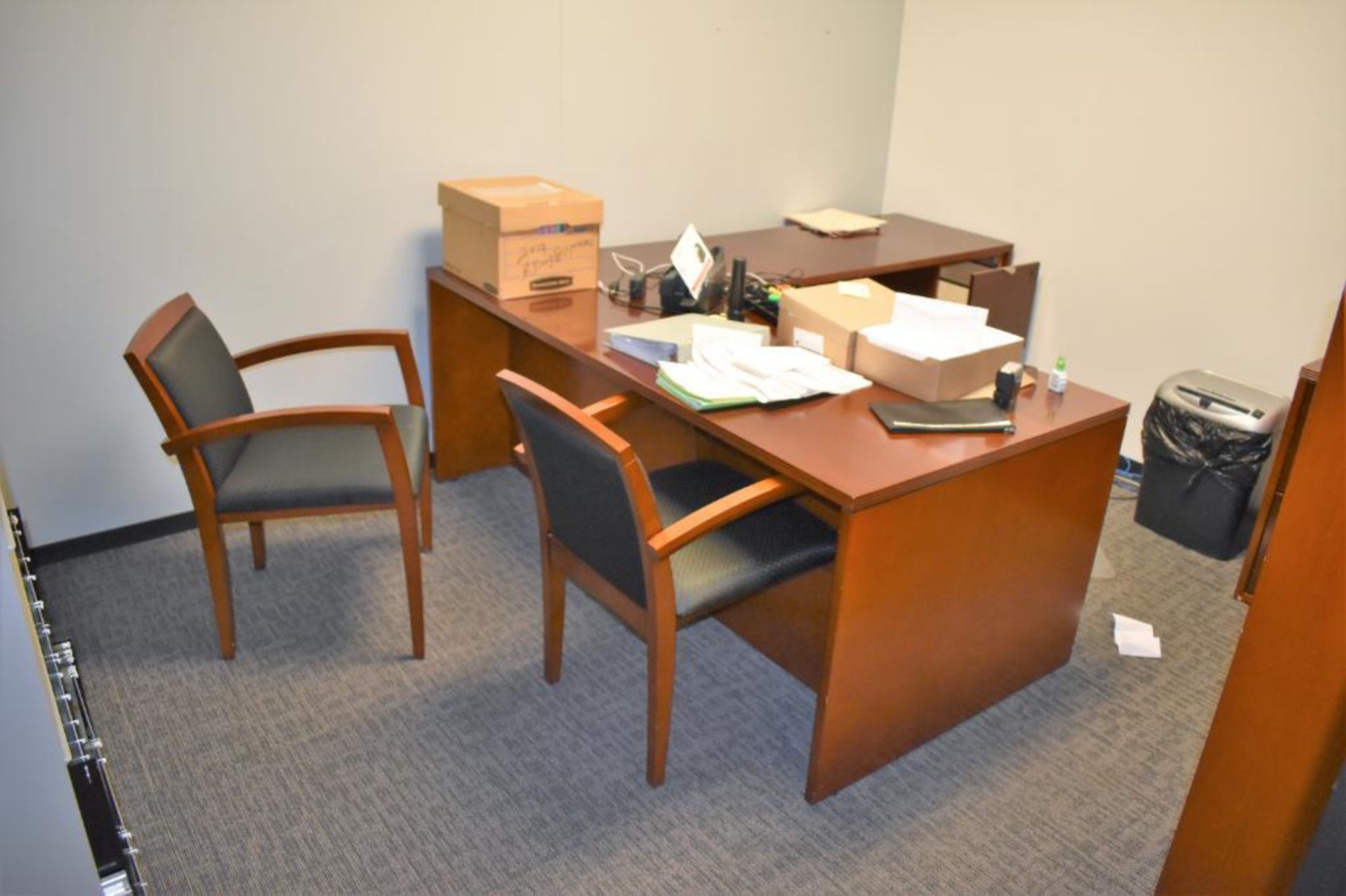 Office Suite c/o: Wood Desk w/Right Return, (2) Wood Frame Clothe Upholstered, Wood Two Drawer Later