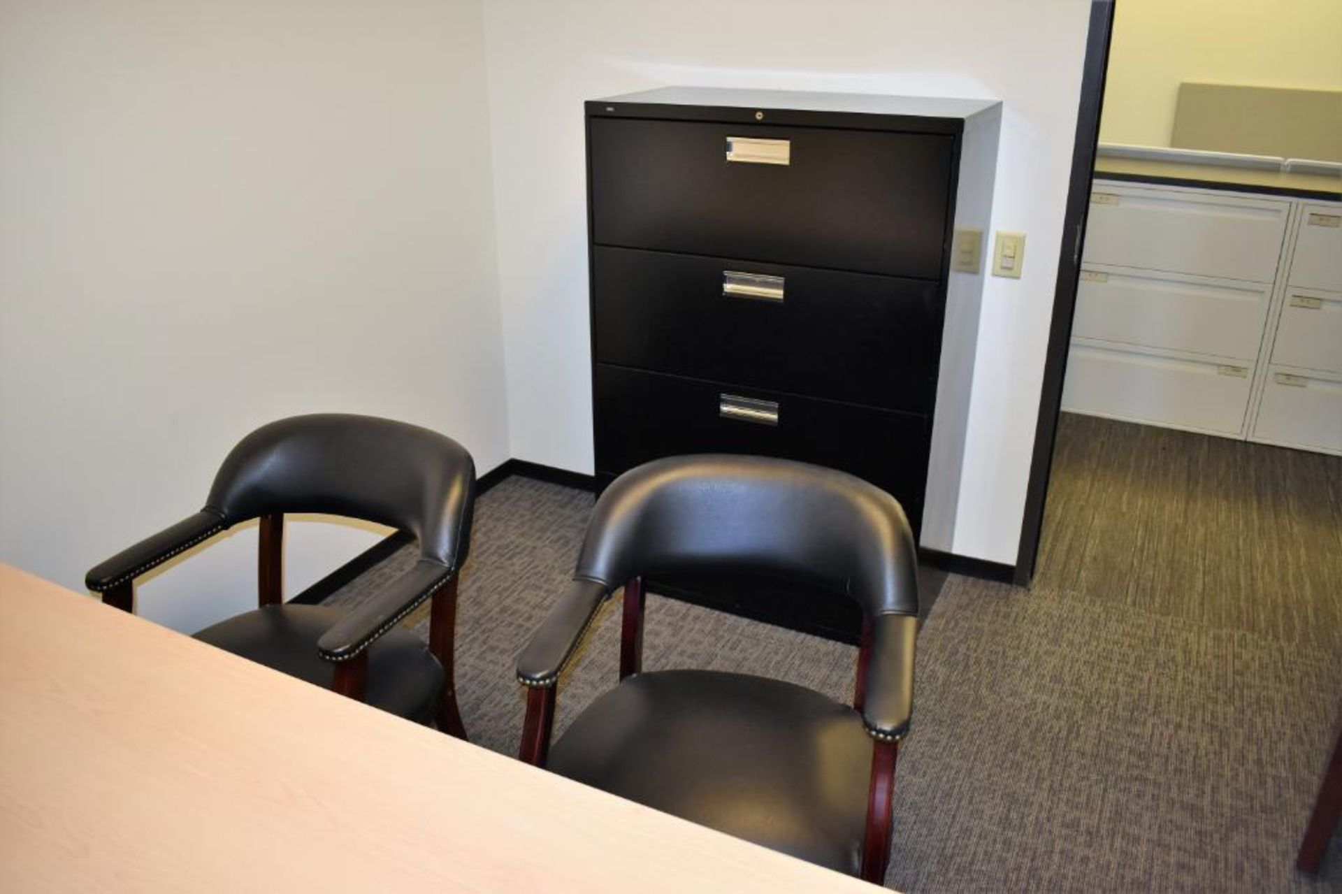 Office Suite c/o: Wood Laminate Work Table w/Left Return, Plastic Frame Leather Upholstered High Bac - Image 2 of 3
