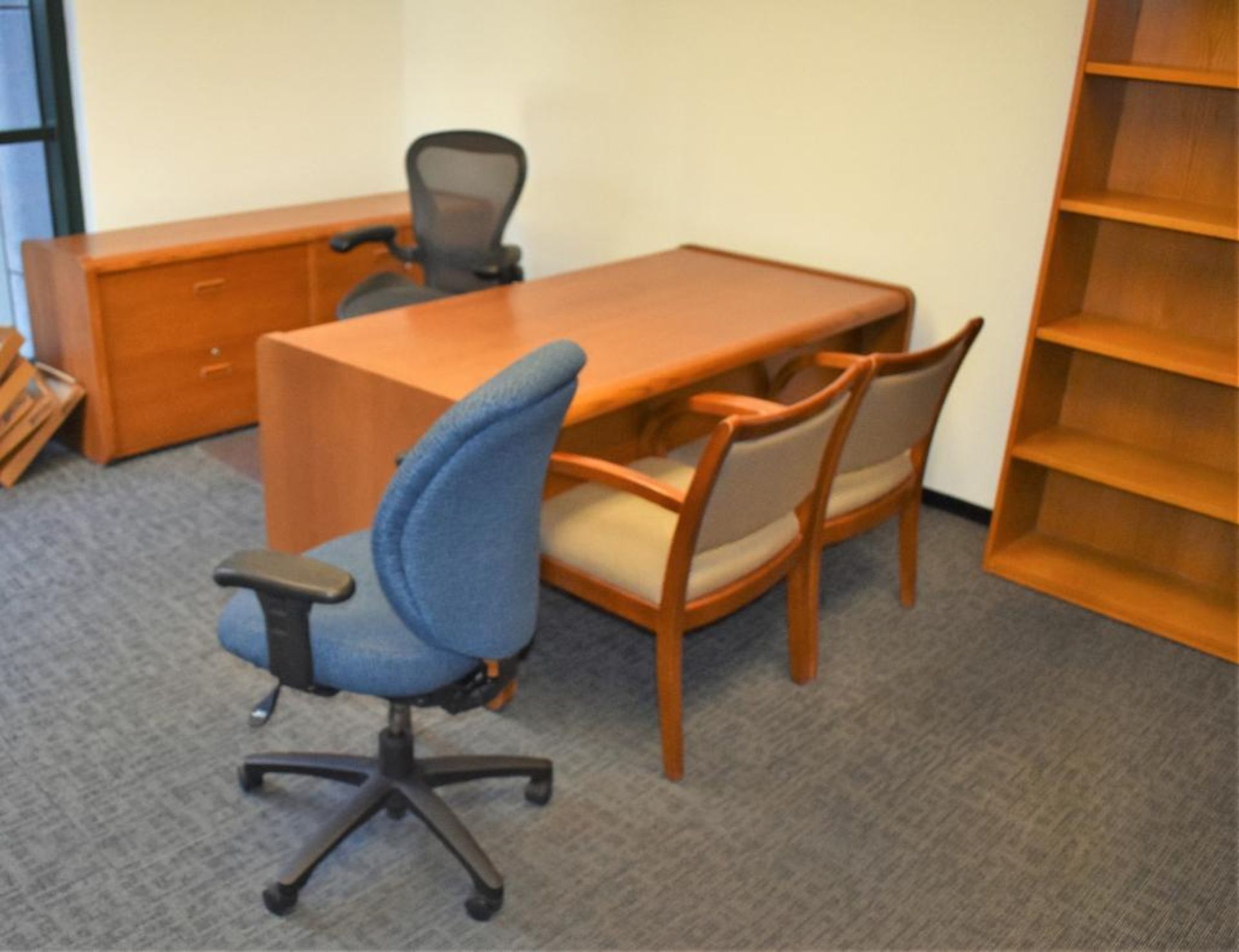 Office Suite c/o: Wood Double Pedestal Desk, Plastic Mesh Upholstered Swival Arm Chair, (2) Wood Fra - Image 2 of 5