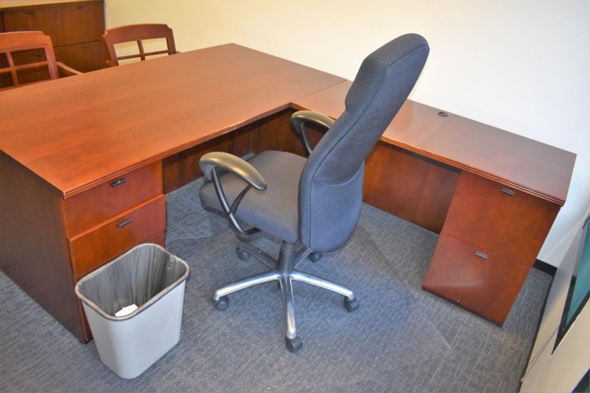 Office Suite c/o: Wood Single Pedestal Desk w/Single Pedestal Right Return, Plastic Frame Cloth Upho - Image 2 of 4