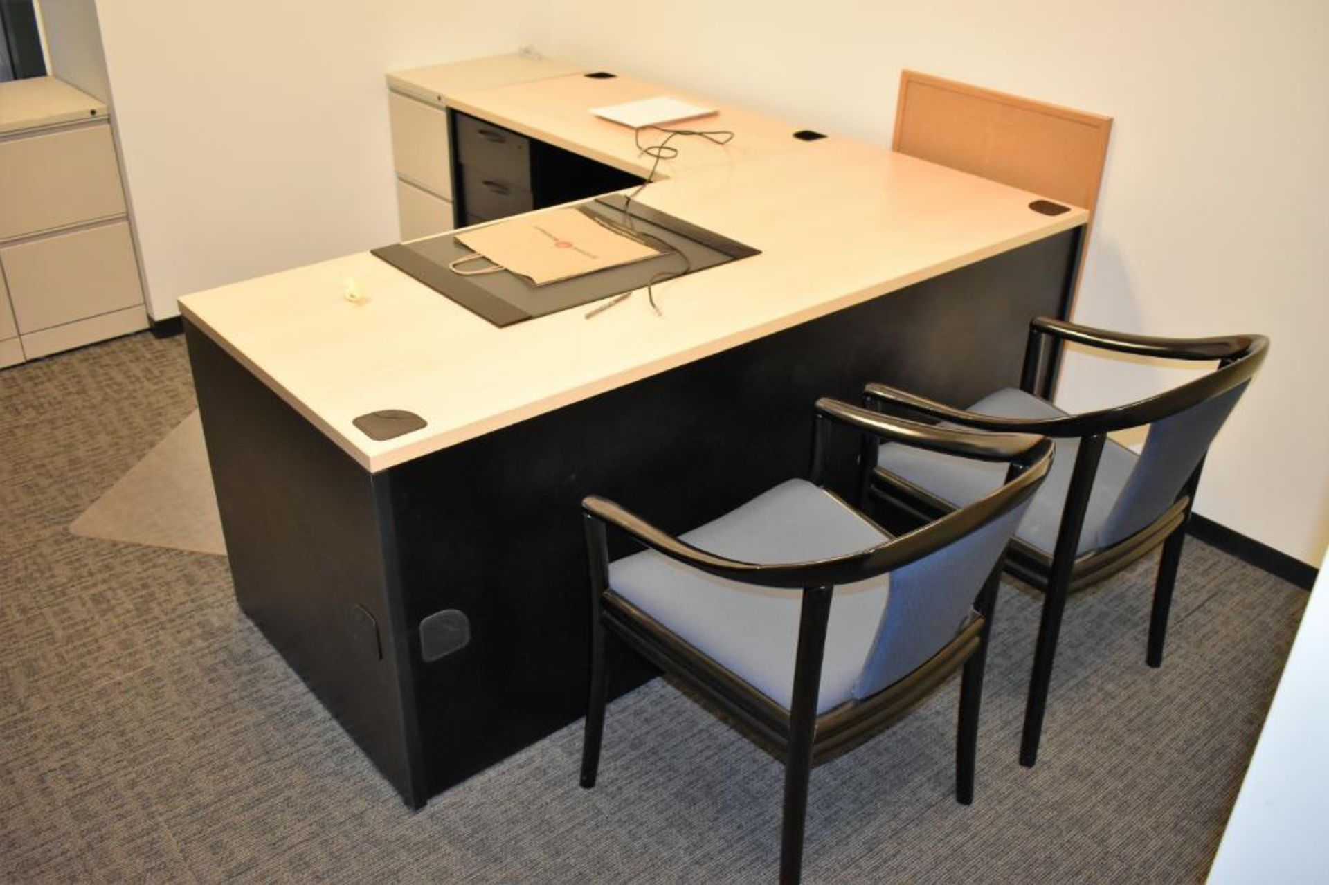 Office Suite c/o: Wood Laminate Work Table w/Left Return, (4) Metal Two Drawer Lateral Sized File Ca