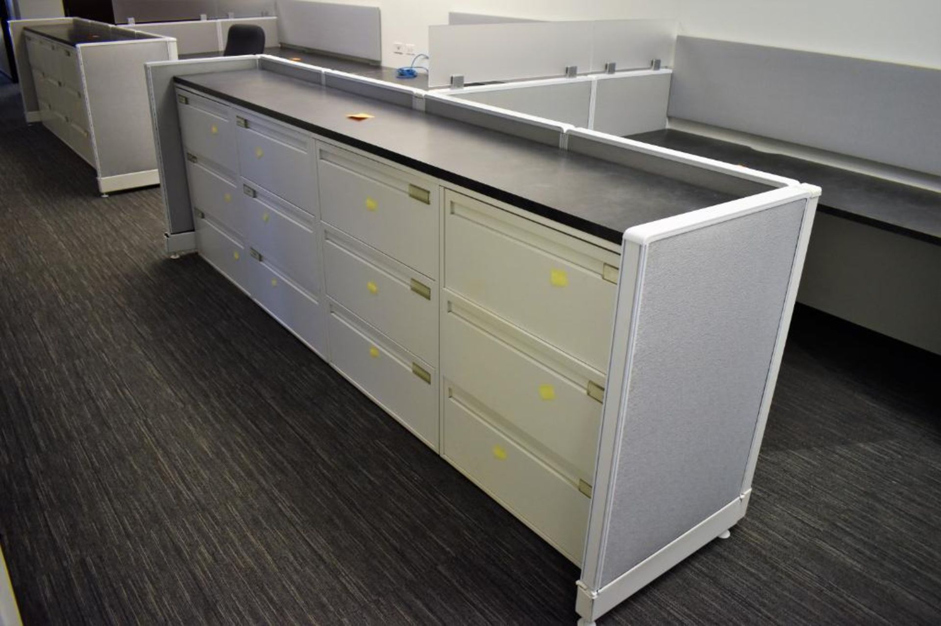 (4) Metal Four Drawer Lateral Sized File Cabinets, 10' (est) Wood Laminate Work Top, Metal Frame Clo