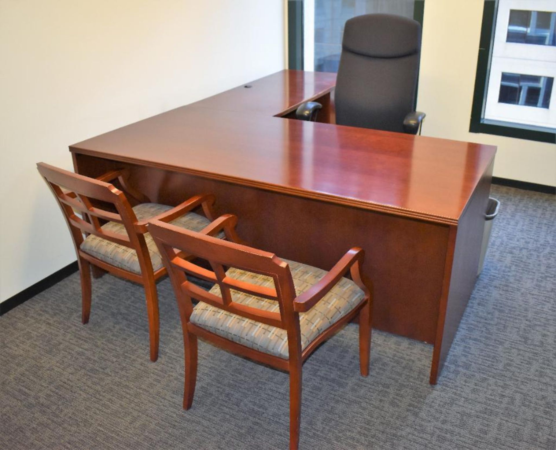 Office Suite c/o: Wood Single Pedestal Desk w/Single Pedestal Right Return, Plastic Frame Cloth Upho