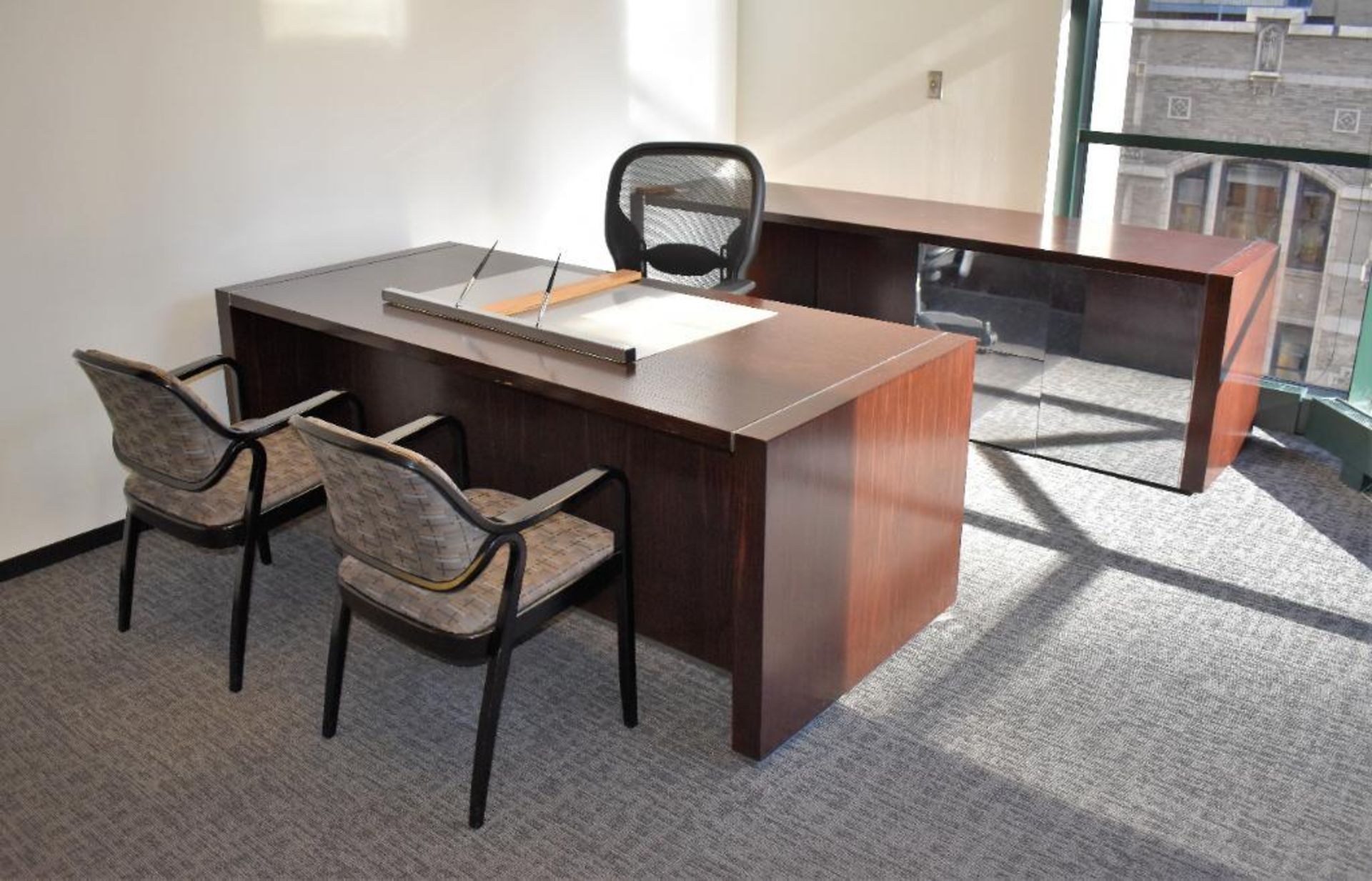 Office Suite c/o: Wood Frame Single Pedestal Desk, Wood Frame Mirrored Front Credenza, Plastic Frame