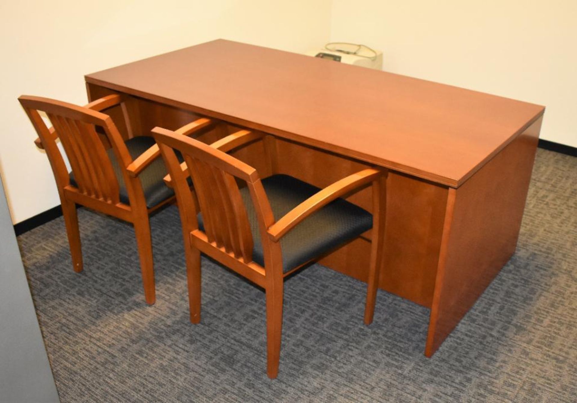 Office Suite c/o: Wood Desk, (2) Wood Frame Cloth Upholstered Arm Chair, Metal Four Drawer Lateral S