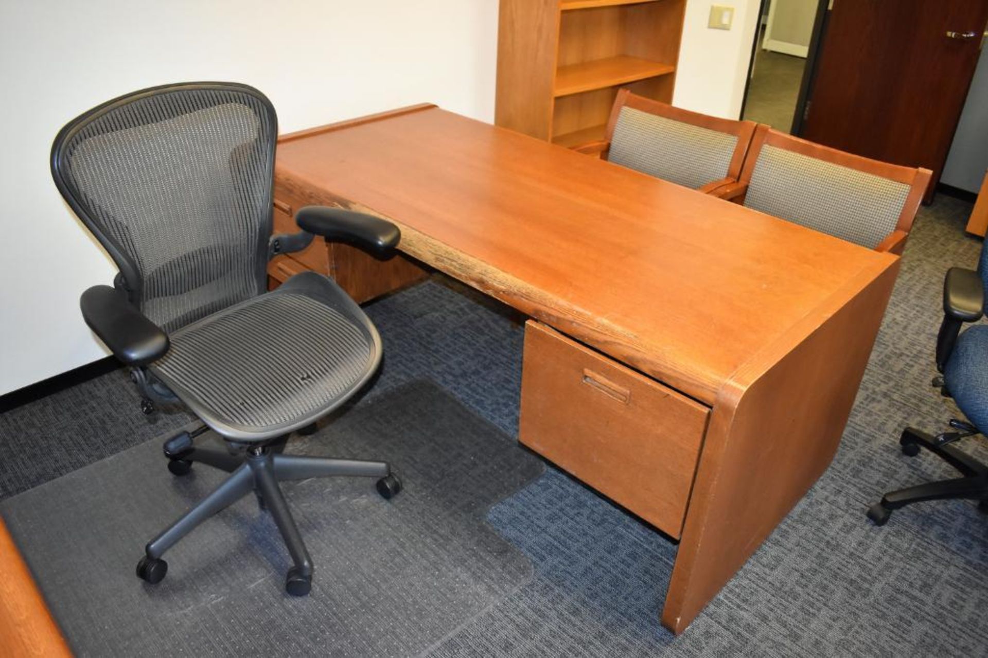 Office Suite c/o: Wood Double Pedestal Desk, Plastic Mesh Upholstered Swival Arm Chair, (2) Wood Fra