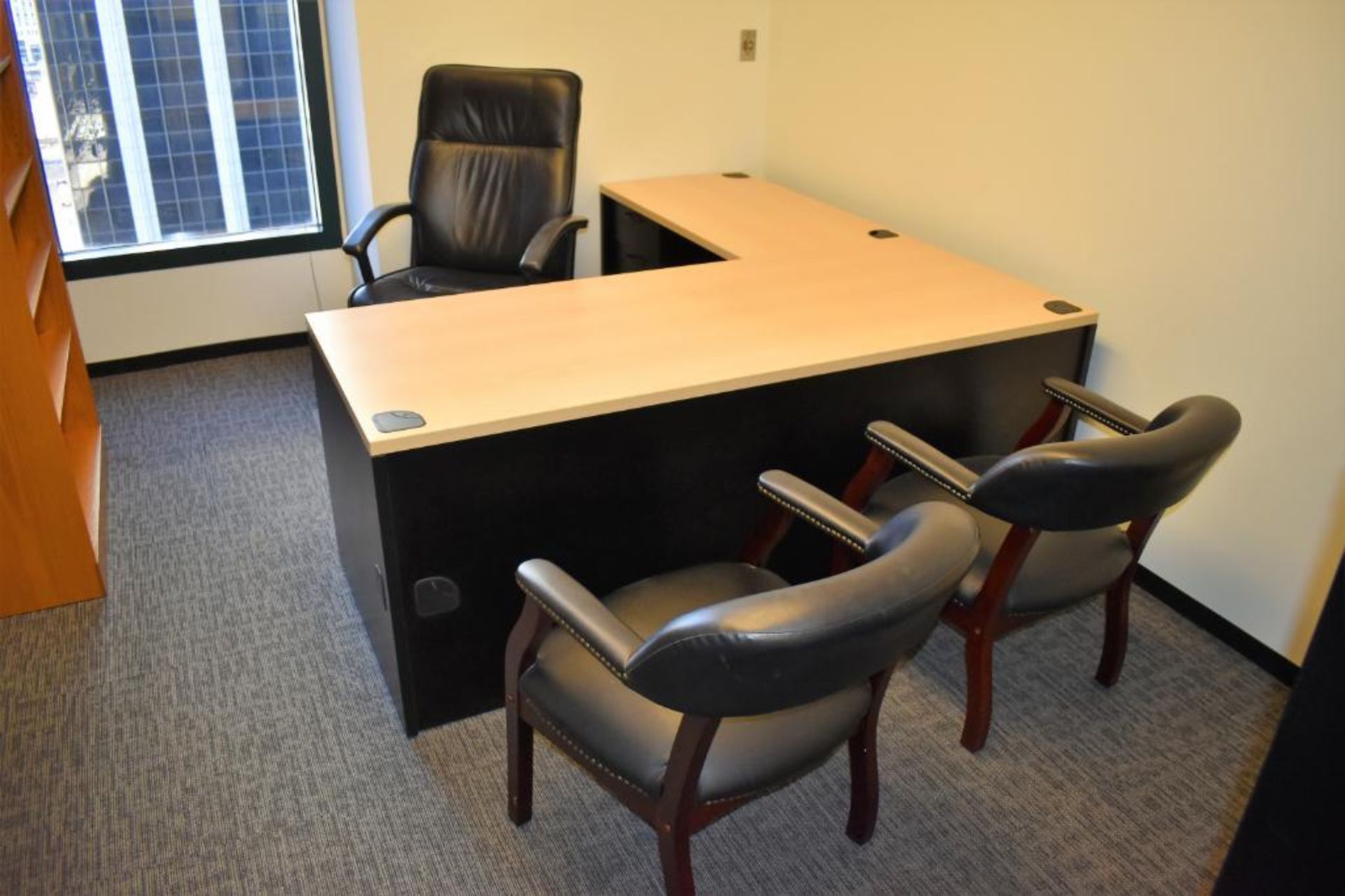 Office Suite c/o: Wood Laminate Work Table w/Left Return, Plastic Frame Leather Upholstered High Bac