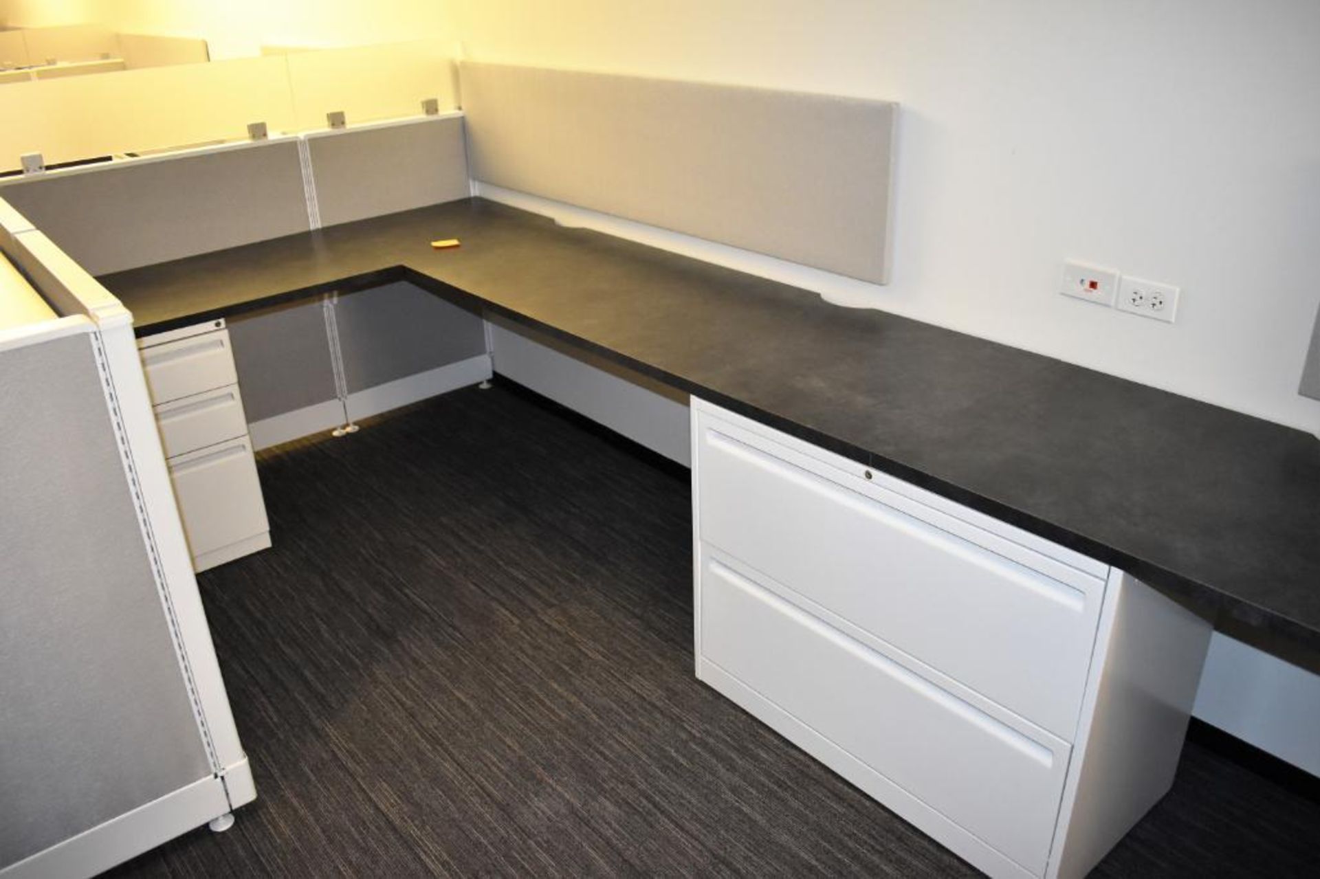 Cubicle Work Station c/o: (2) 8' (est) Wood Laminate Work Tops, (2) 4' (est) Wood Laminate Single Pe - Image 2 of 3