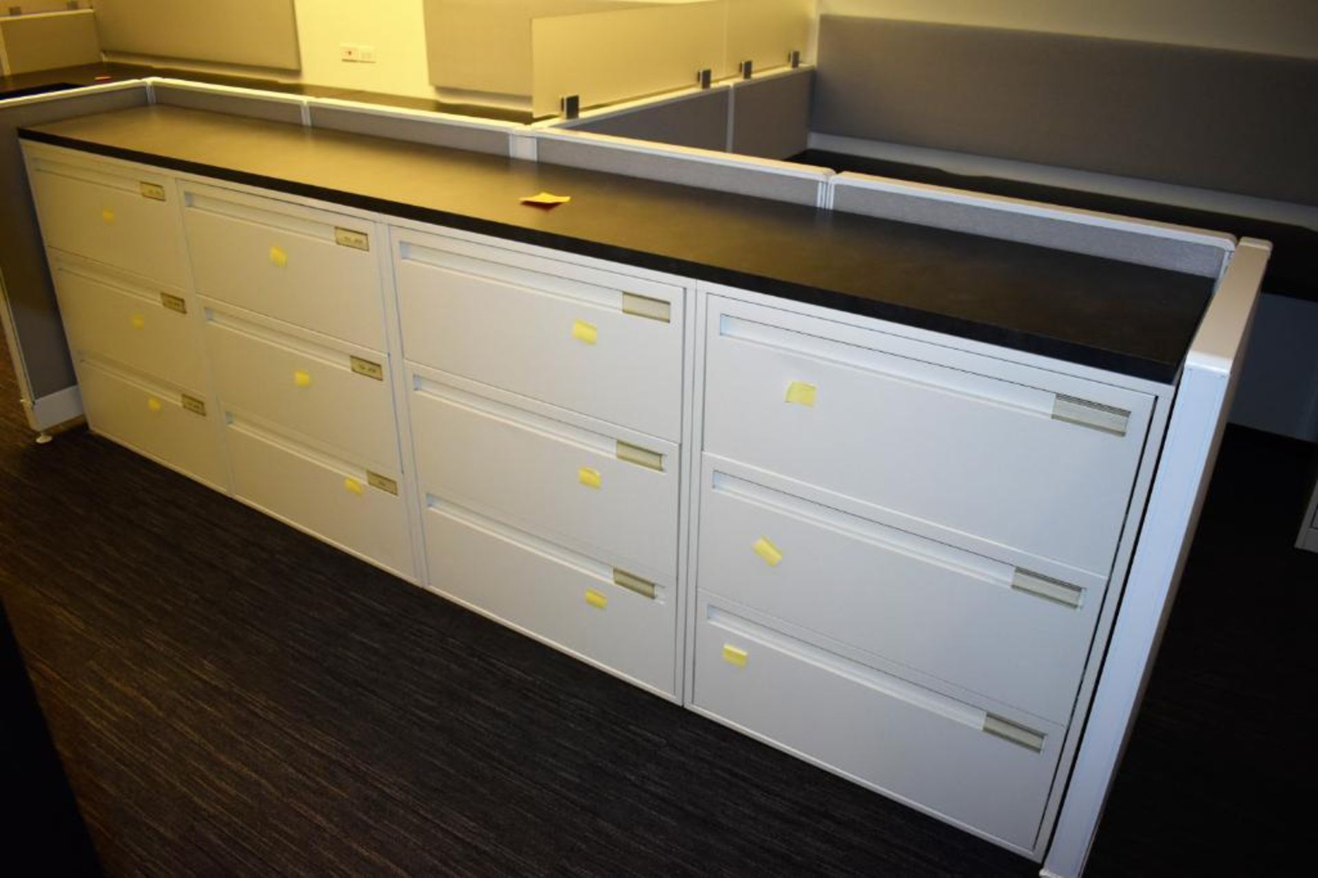 (4) Metal Four Drawer Lateral Sized File Cabinets, 10' (est) Wood Laminate Work Top, Metal Frame Clo